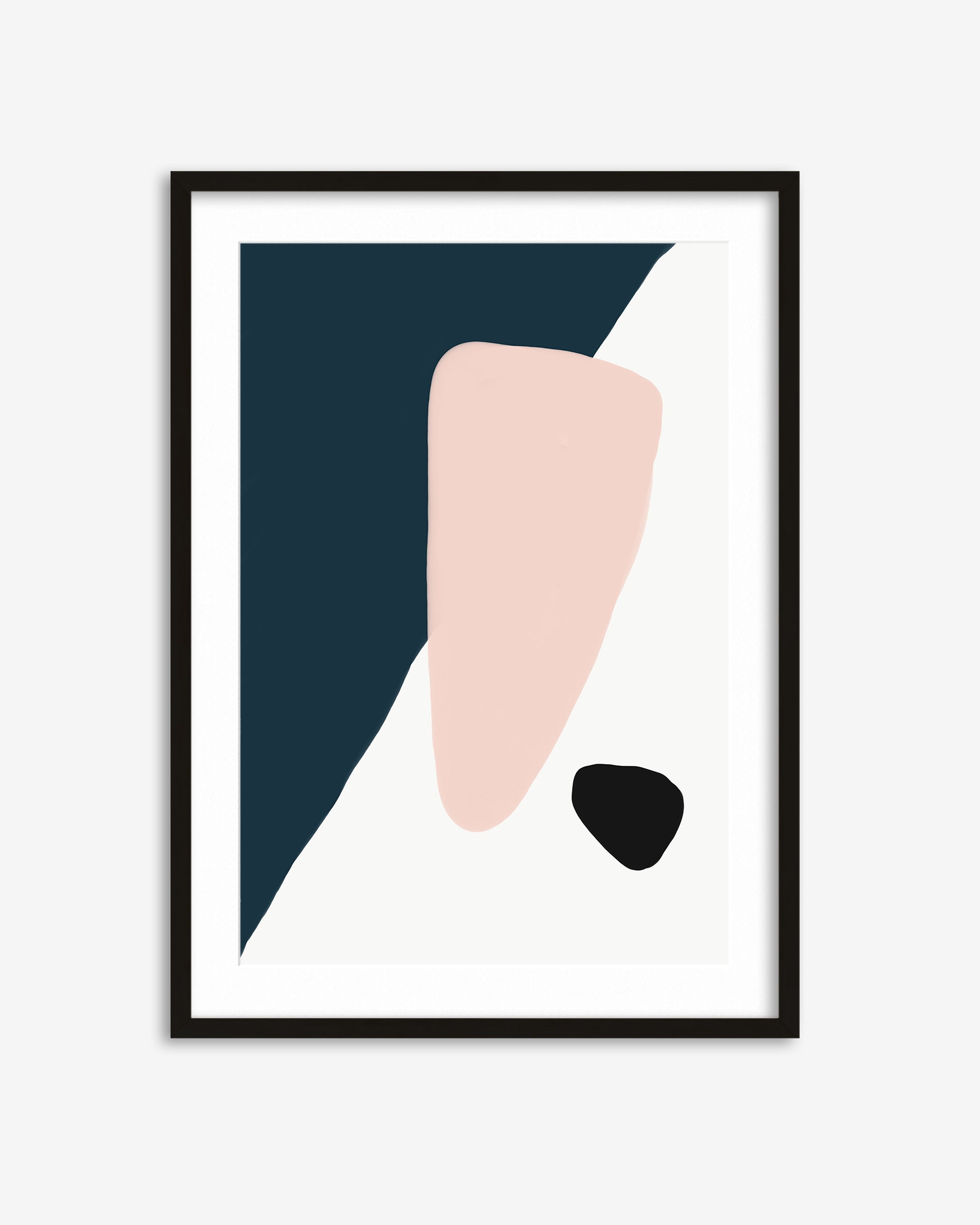 Framed abstract art print with geometric shapes on a white background