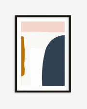 Framed abstract art print with geometric shapes on a white background