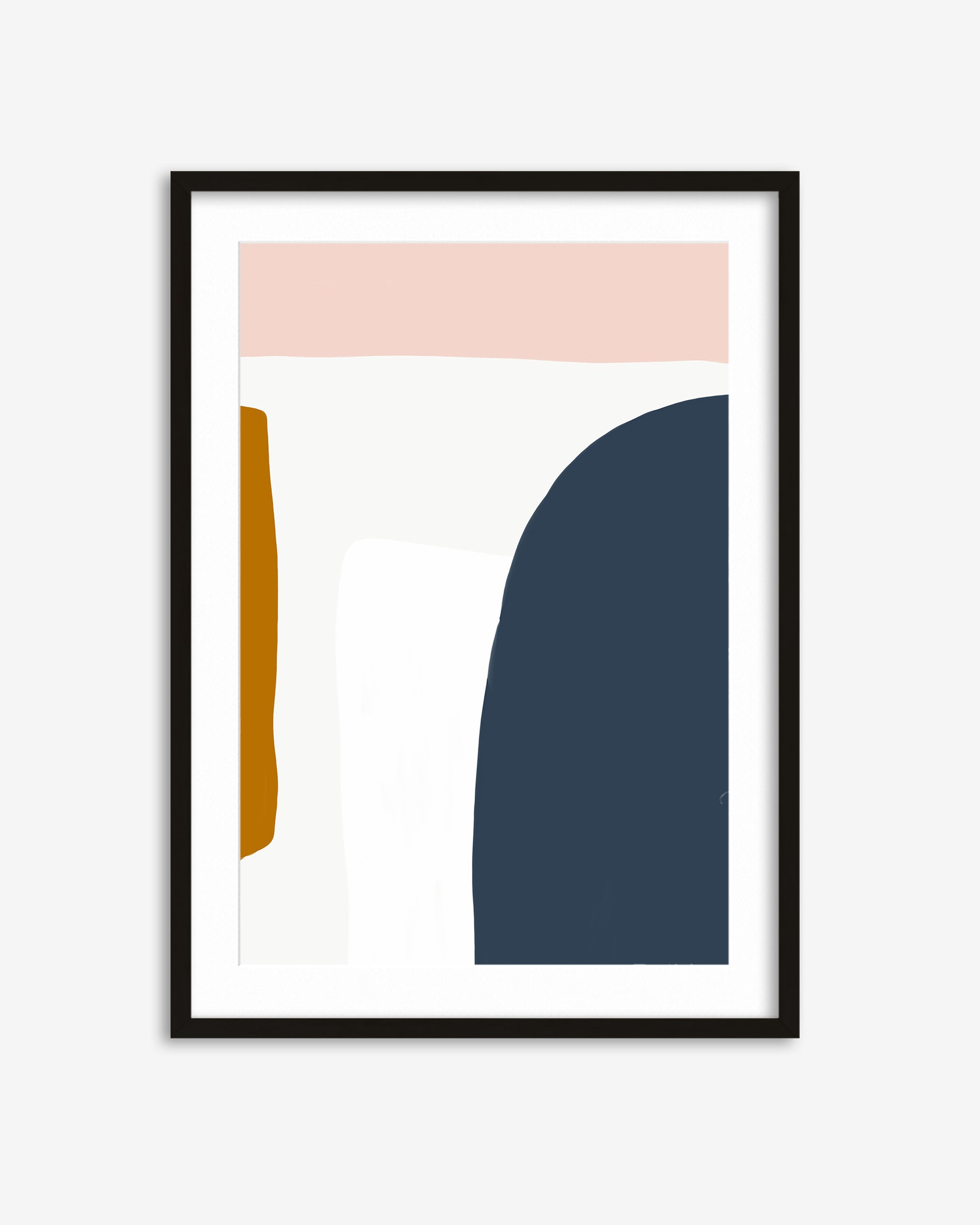 Framed abstract art print with geometric shapes on a white background