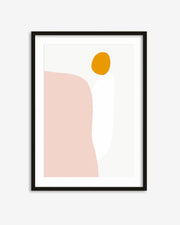 Framed abstract art print with a pink shape and yellow circle on a white background