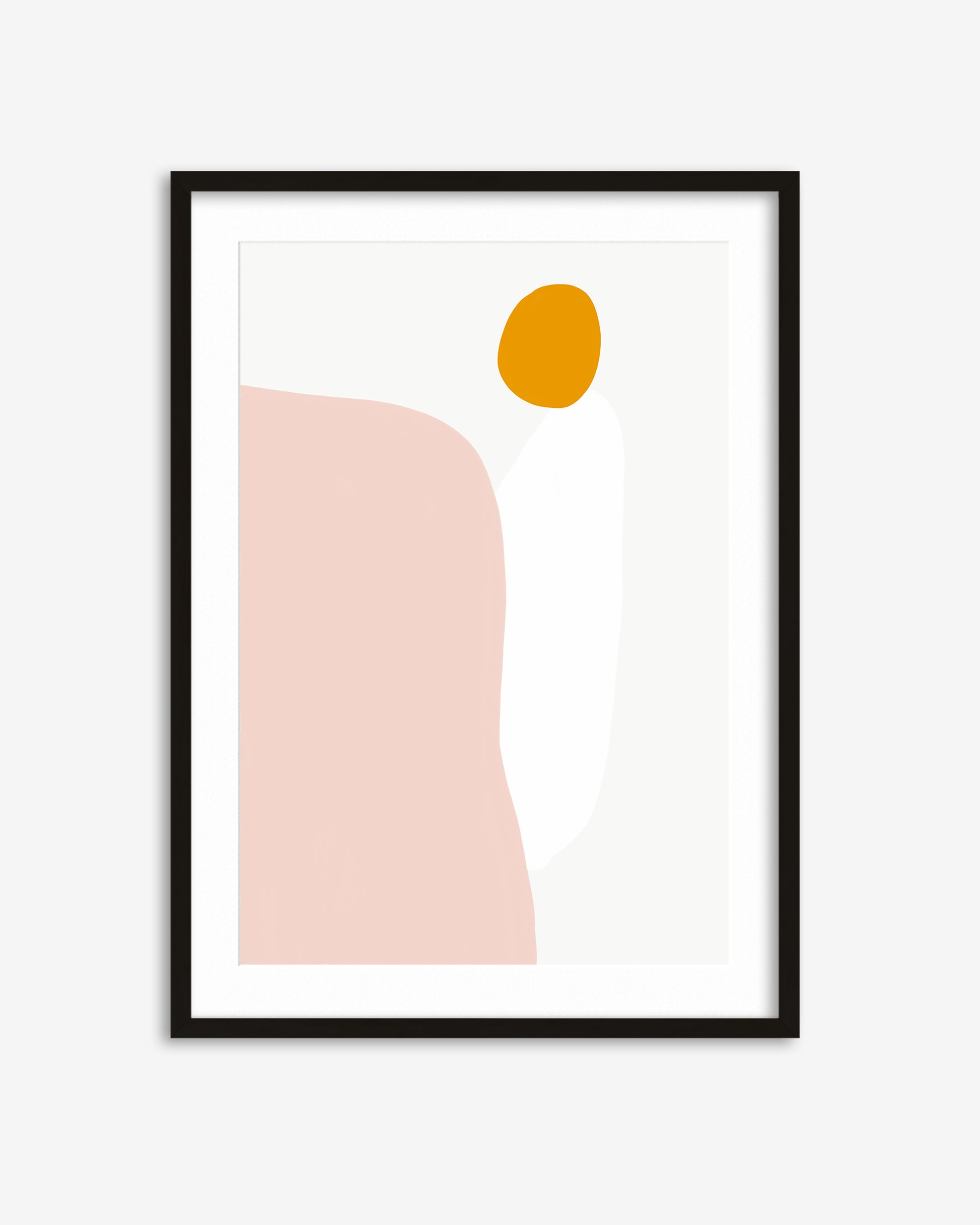 Framed abstract art print with a pink shape and yellow circle on a white background