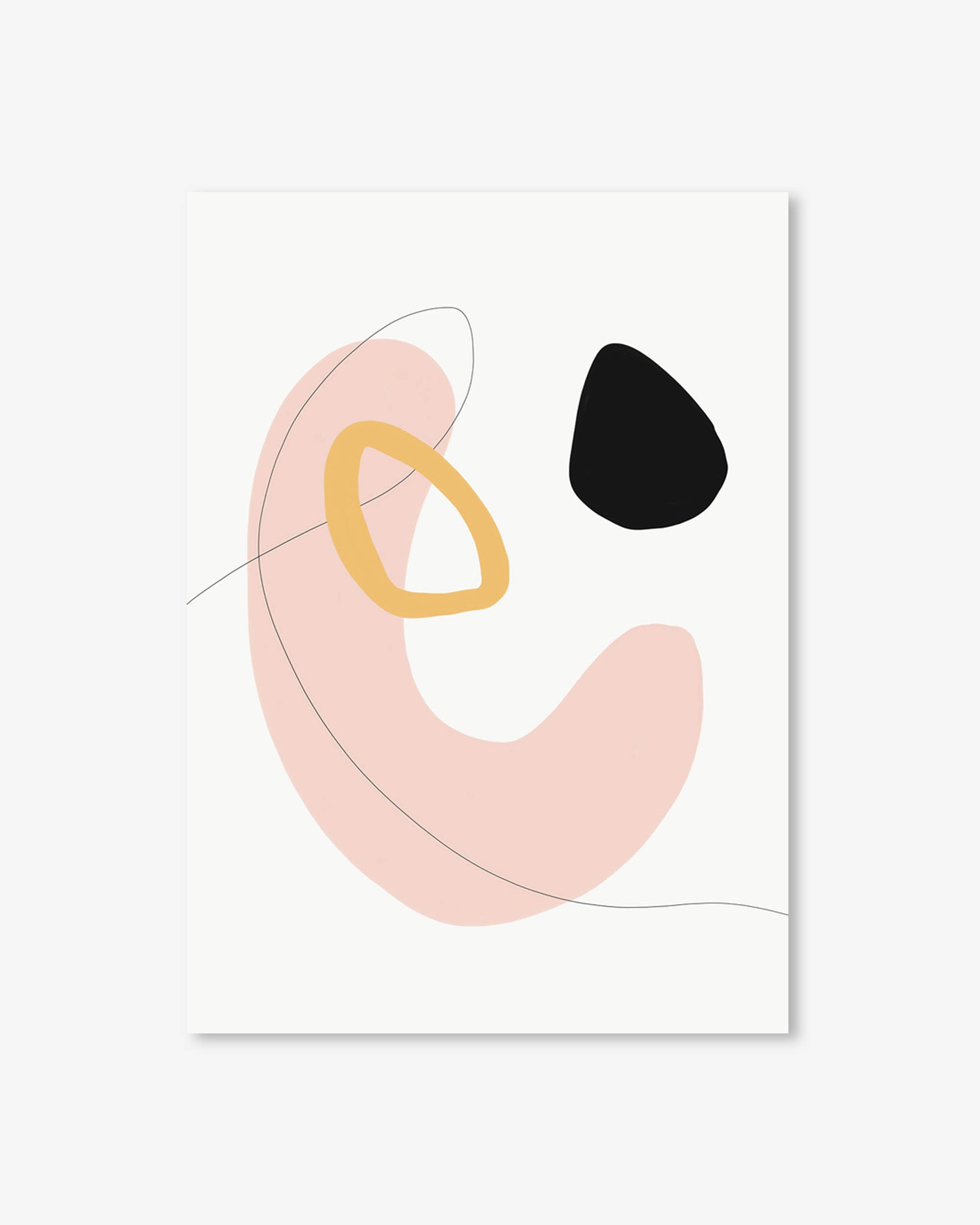 Abstract art piece with pink, gold, and black shapes on a white background
