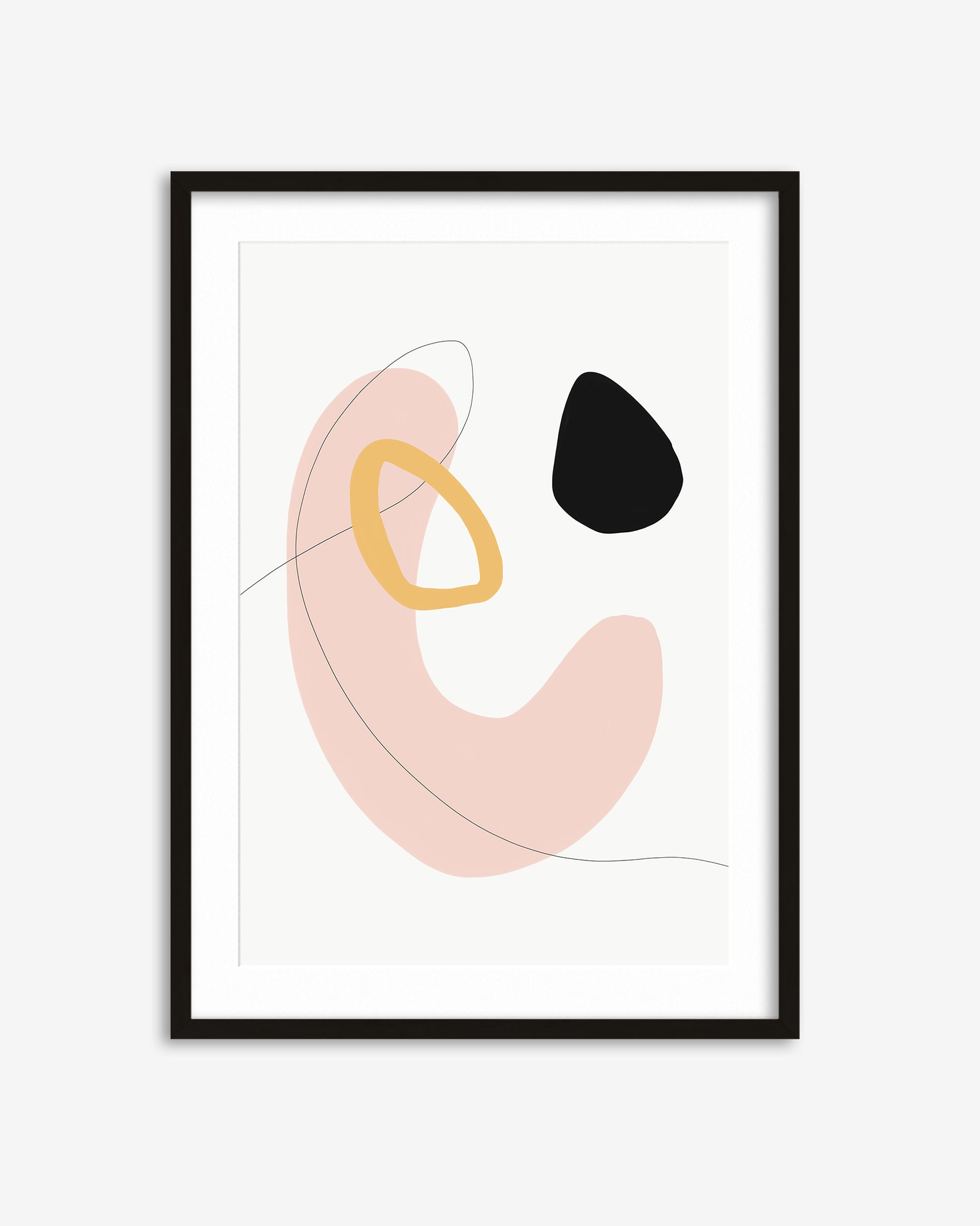 Framed abstract art print with geometric shapes on a white background