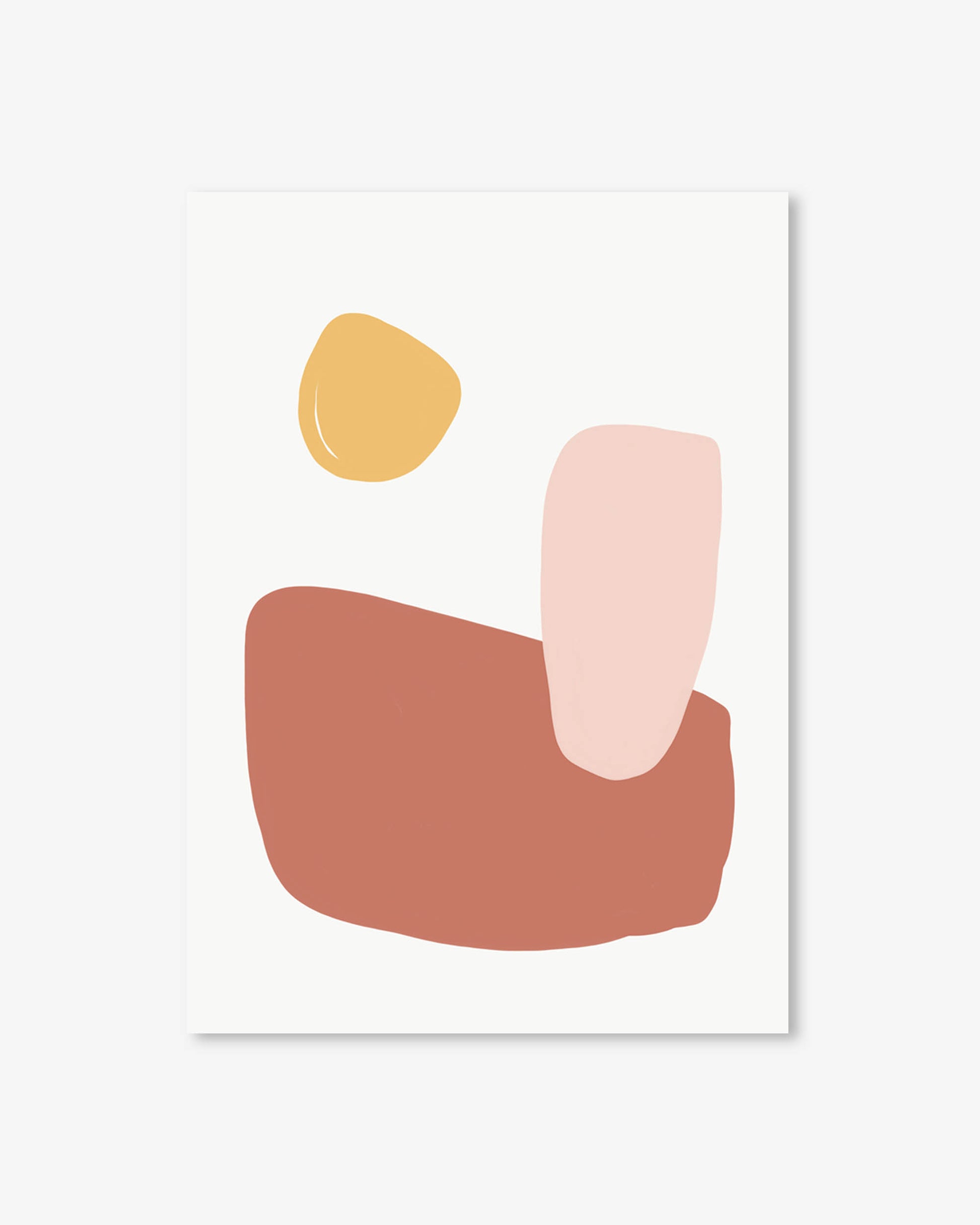 Abstract art print with geometric shapes in pink, yellow, and brown on a white background