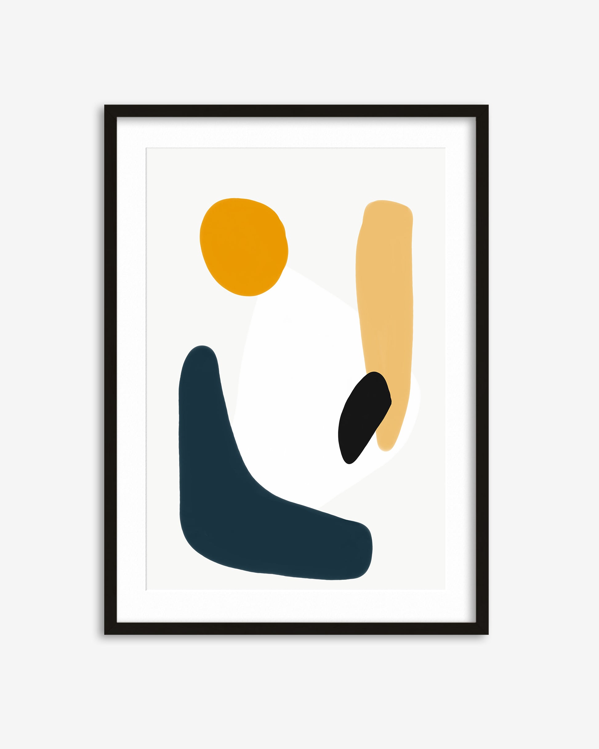 Framed abstract art print with geometric shapes on a white background