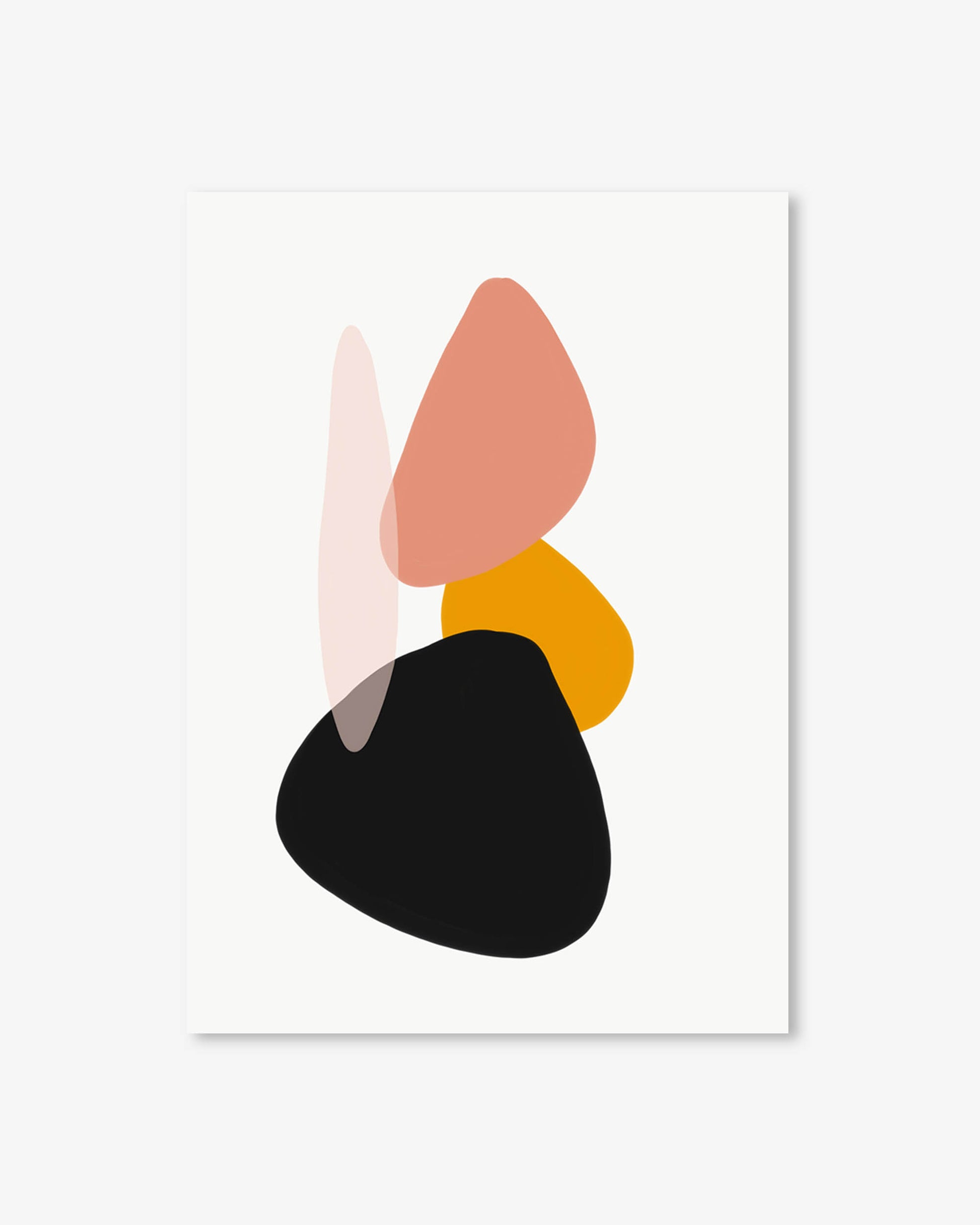 Abstract art print with geometric shapes in black, orange, and pink on a white background