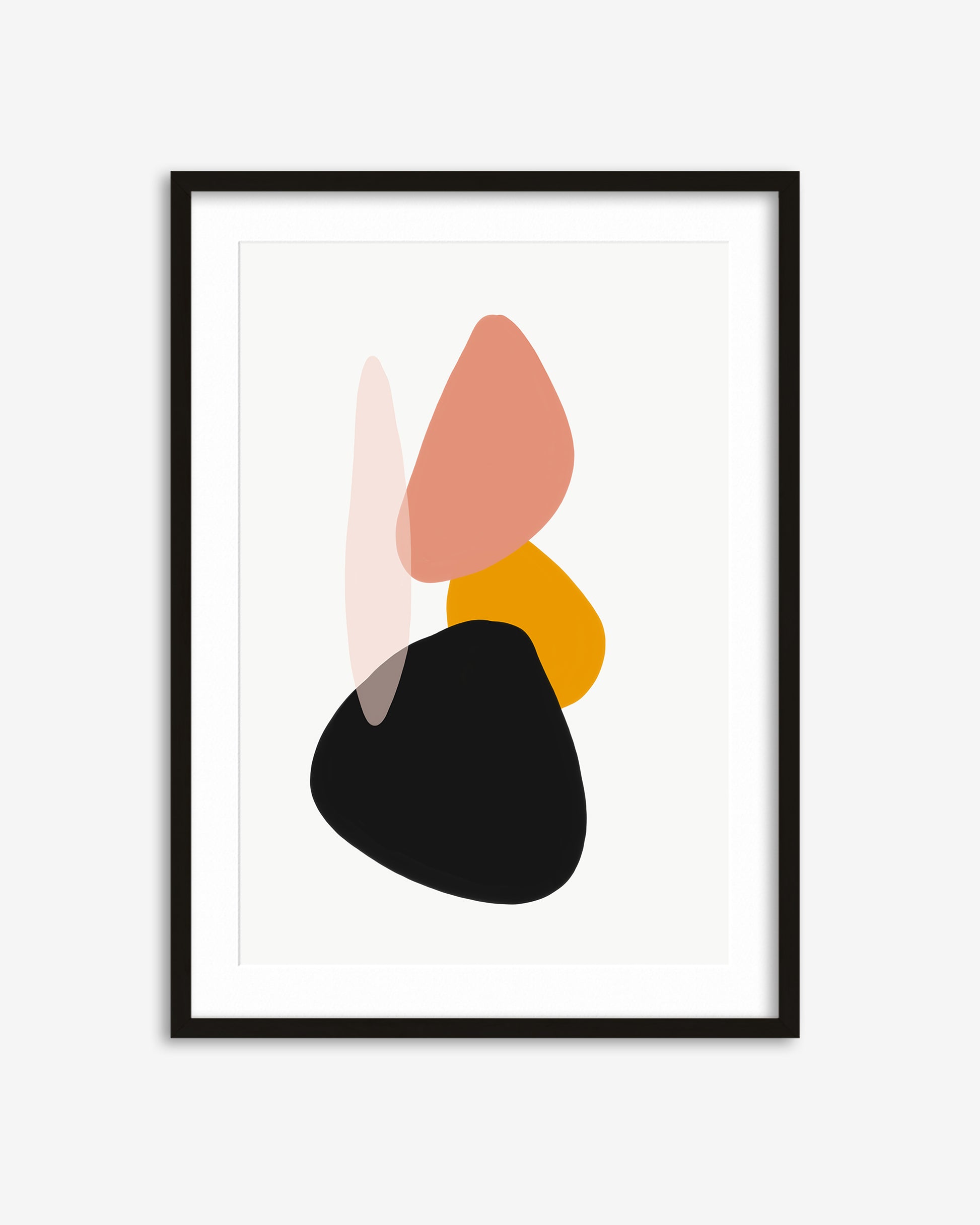 Framed abstract art print with colorful shapes on a white background