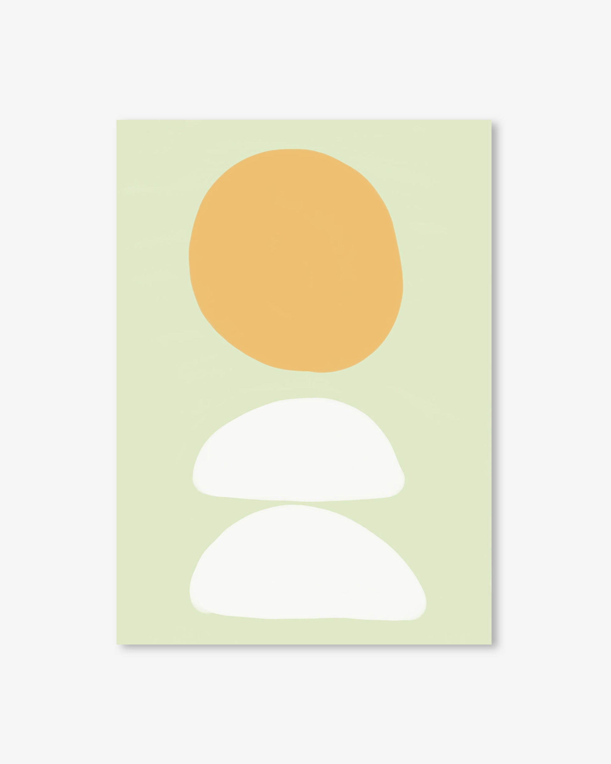 Abstract art print with a large orange circle and two white shapes on a light green background