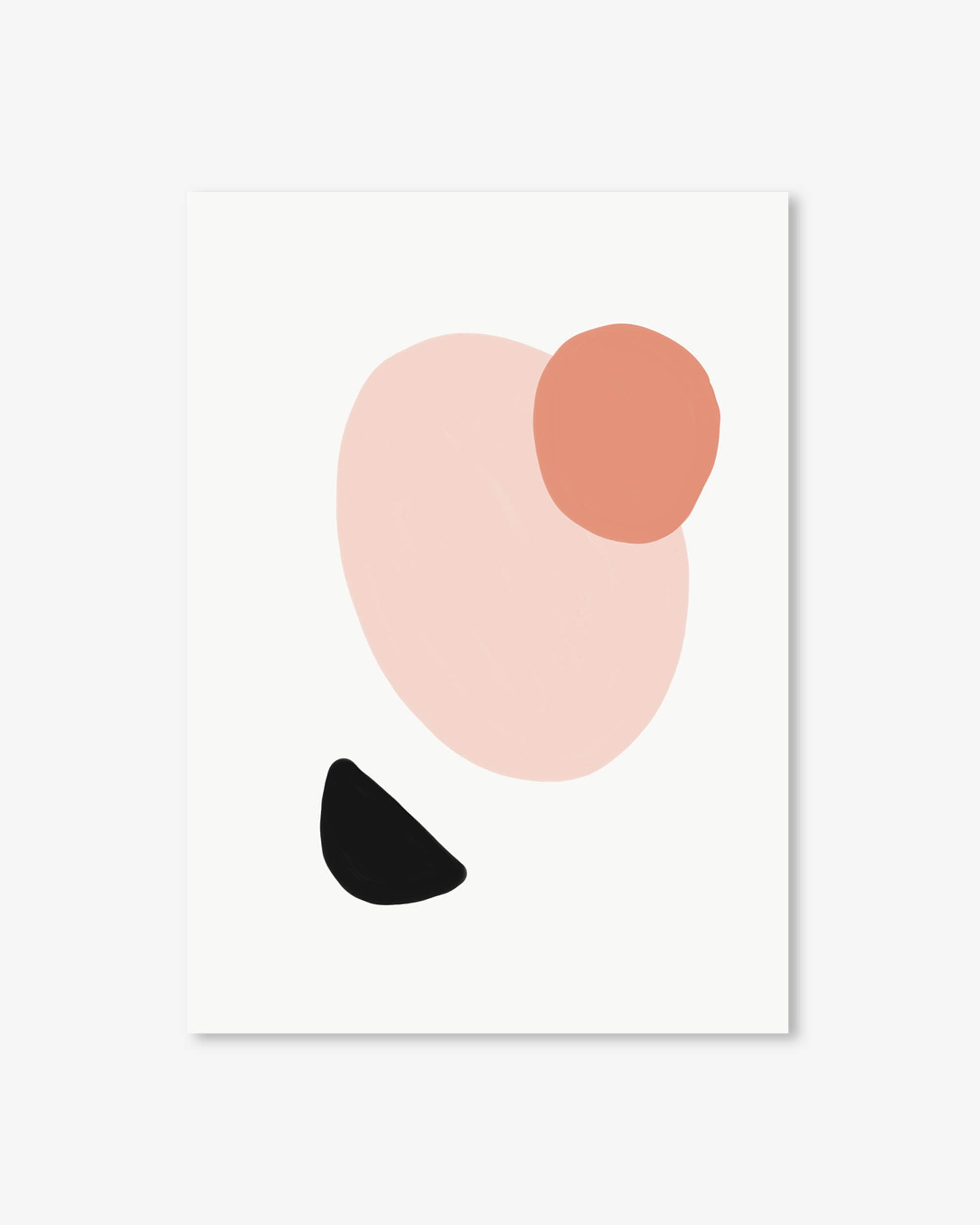 Abstract art print with pink, orange, and black shapes on a white background