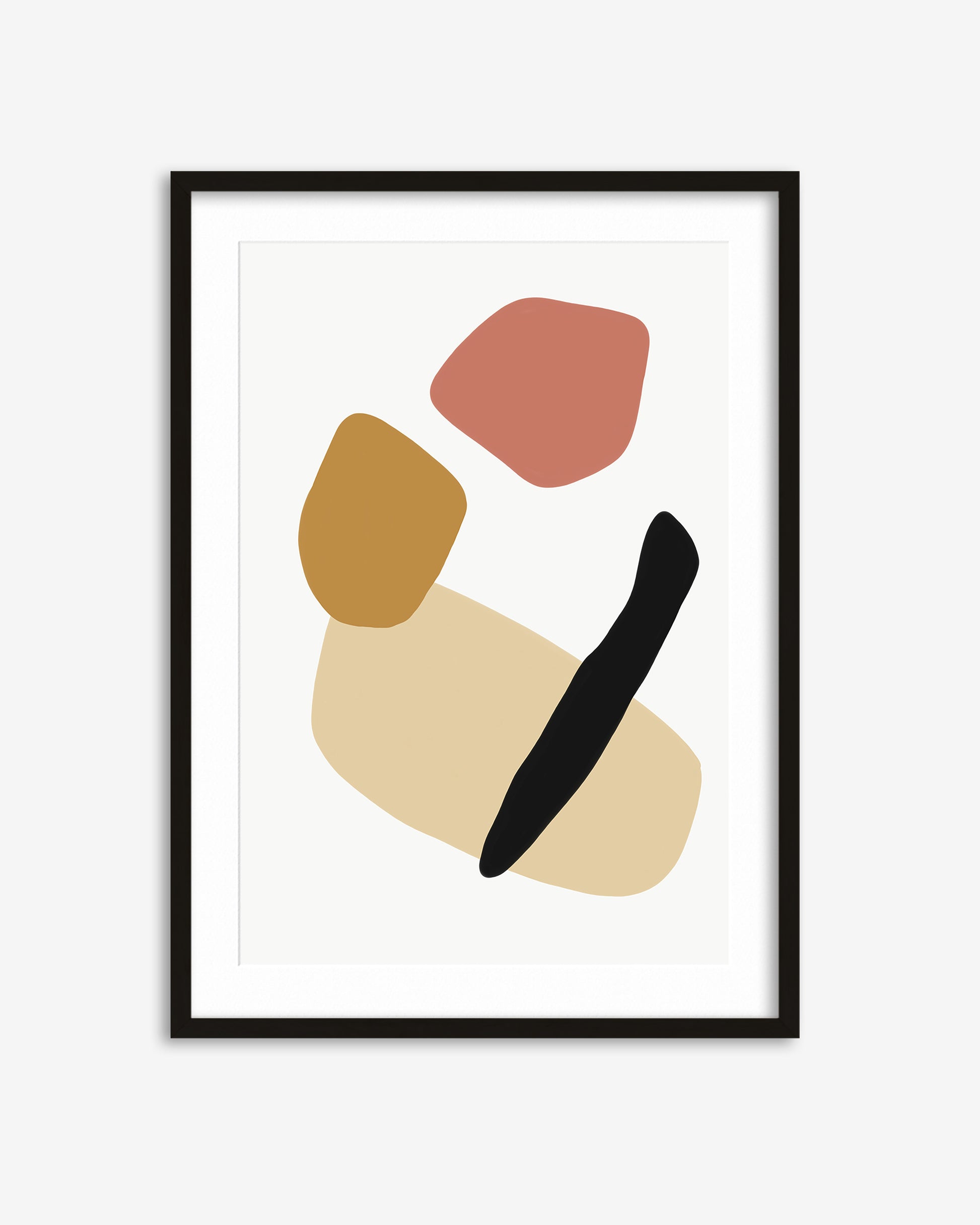 Framed abstract art print with geometric shapes on a white background