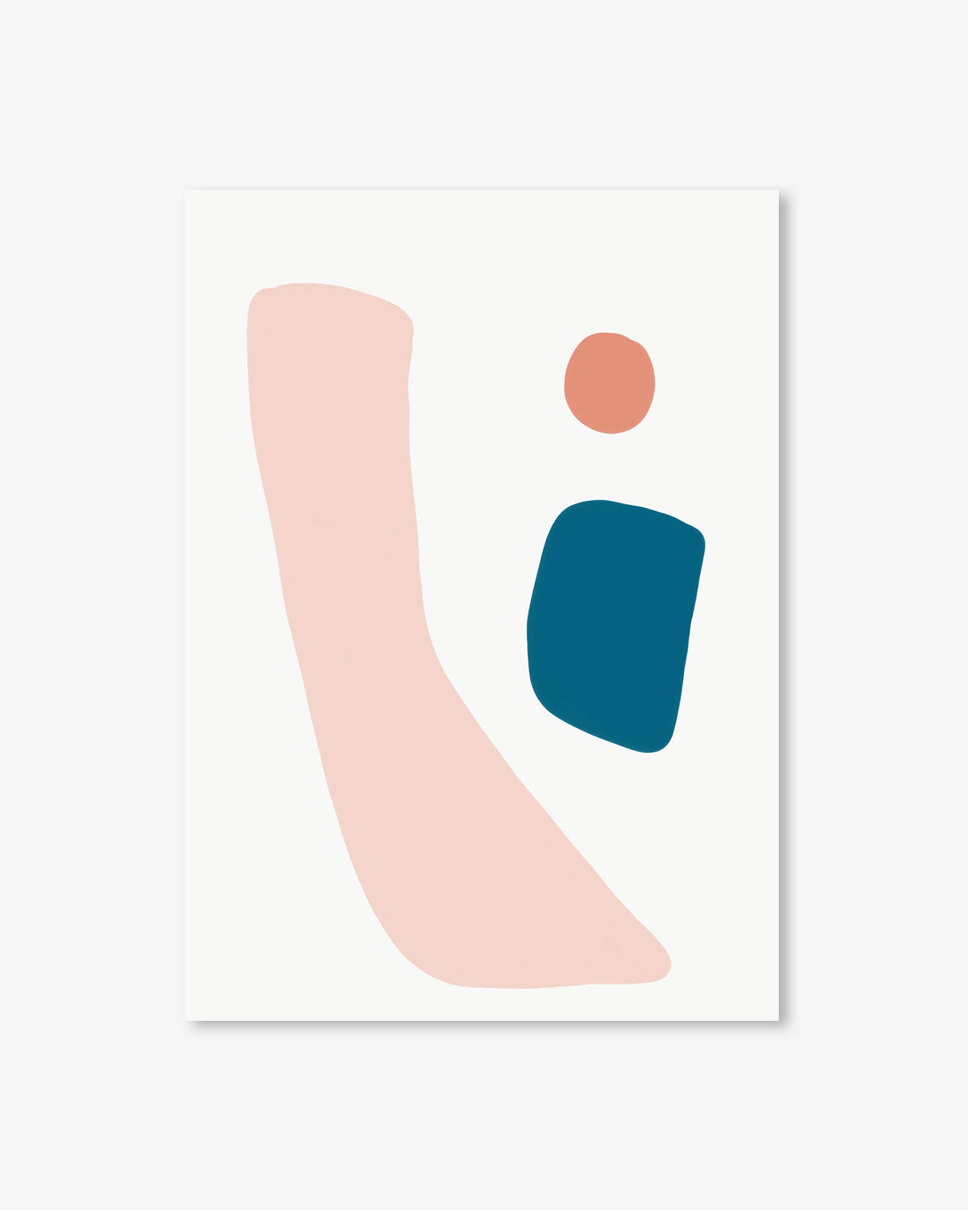 Abstract art piece with pink, blue, and orange shapes on a white background
