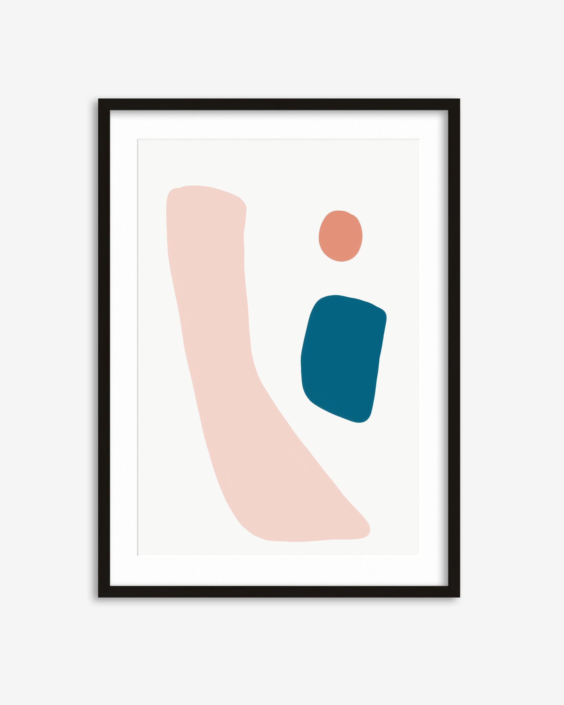 Framed abstract art print with geometric shapes on a white background