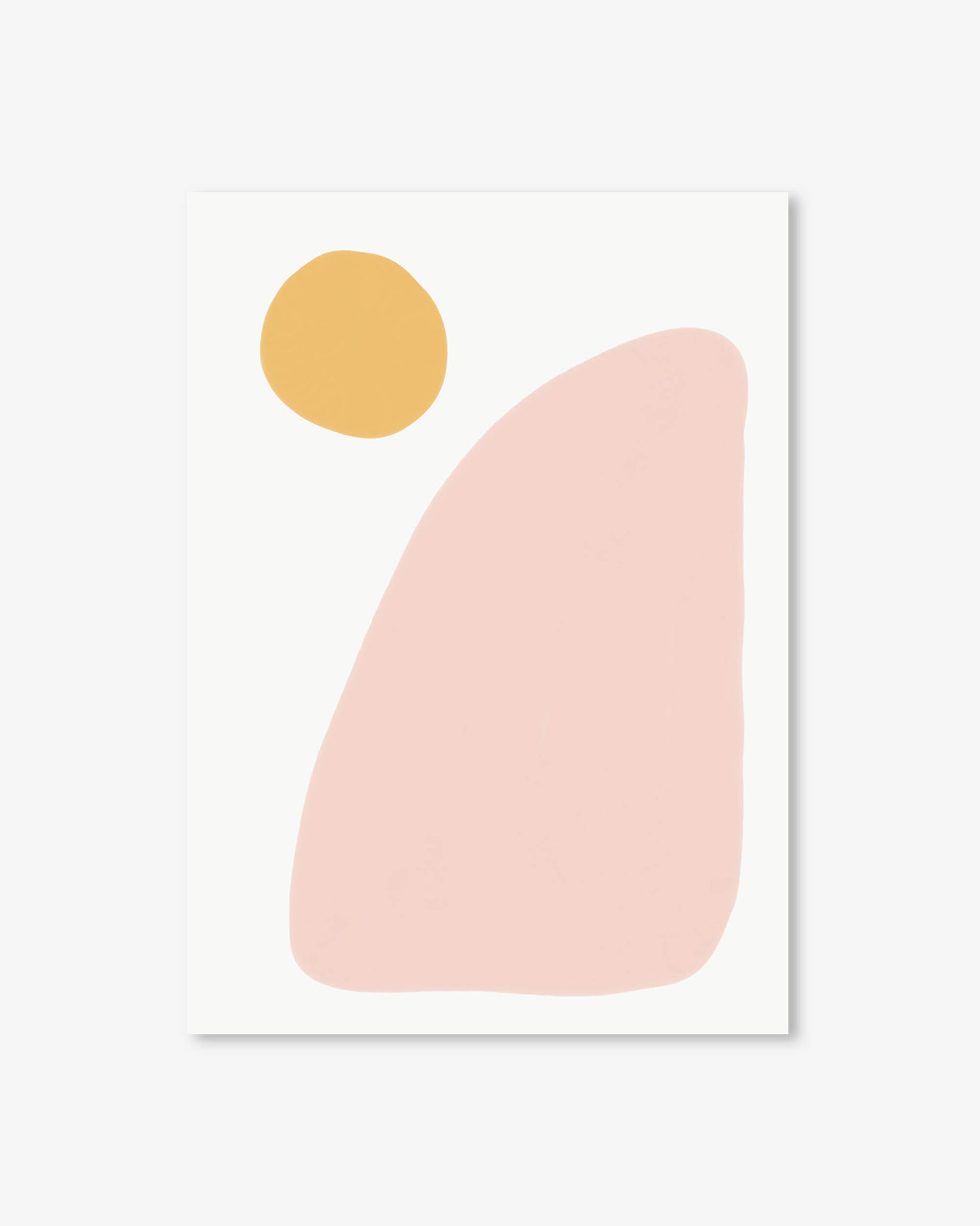 Abstract art print with a pink shape and yellow circle on a white background
