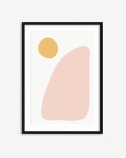Framed abstract art print with a yellow circle and pink shape on a white background