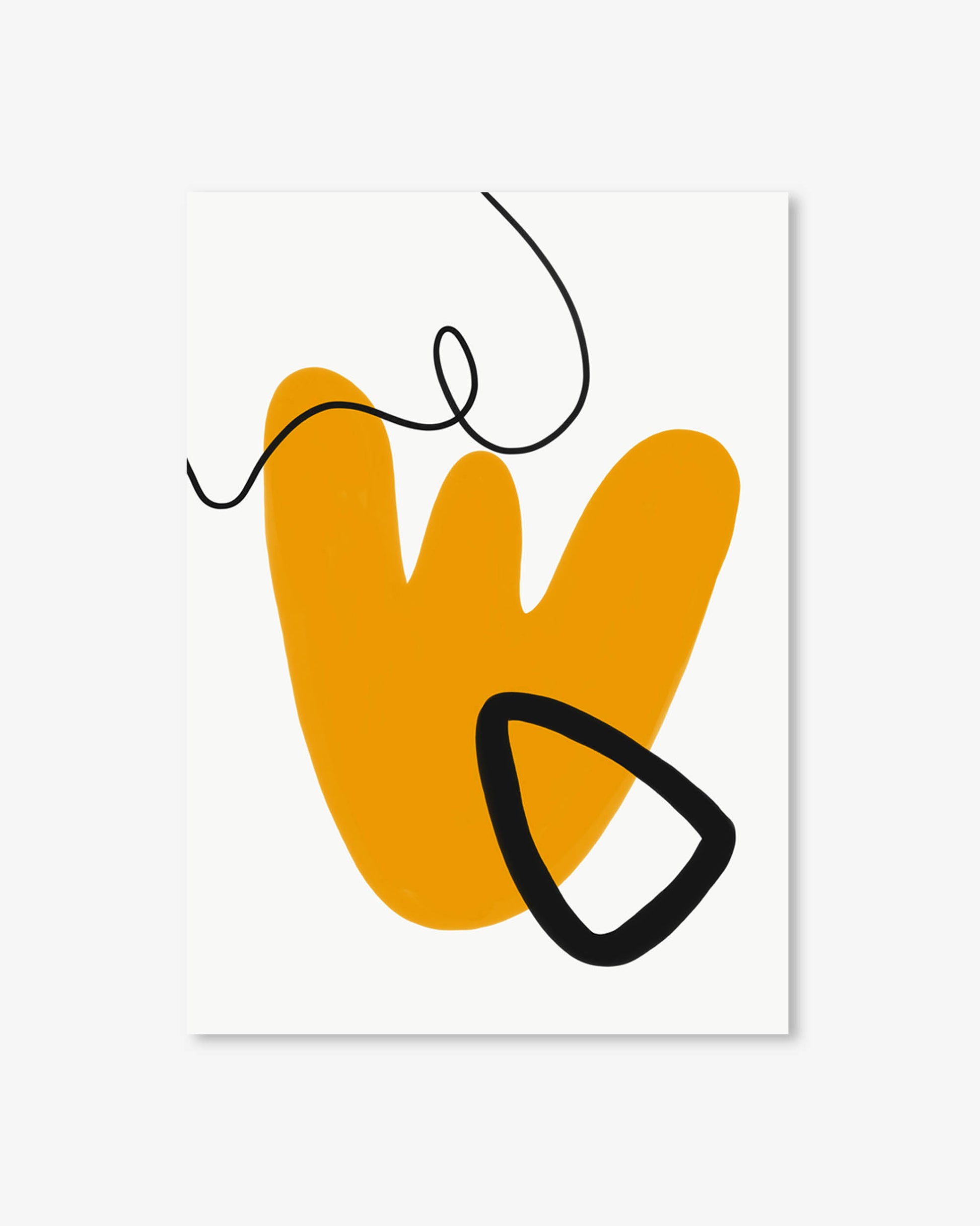 Abstract art print with a yellow hand and black lines on a white background