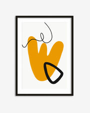 Framed abstract art print with a yellow shape and black lines on a white background
