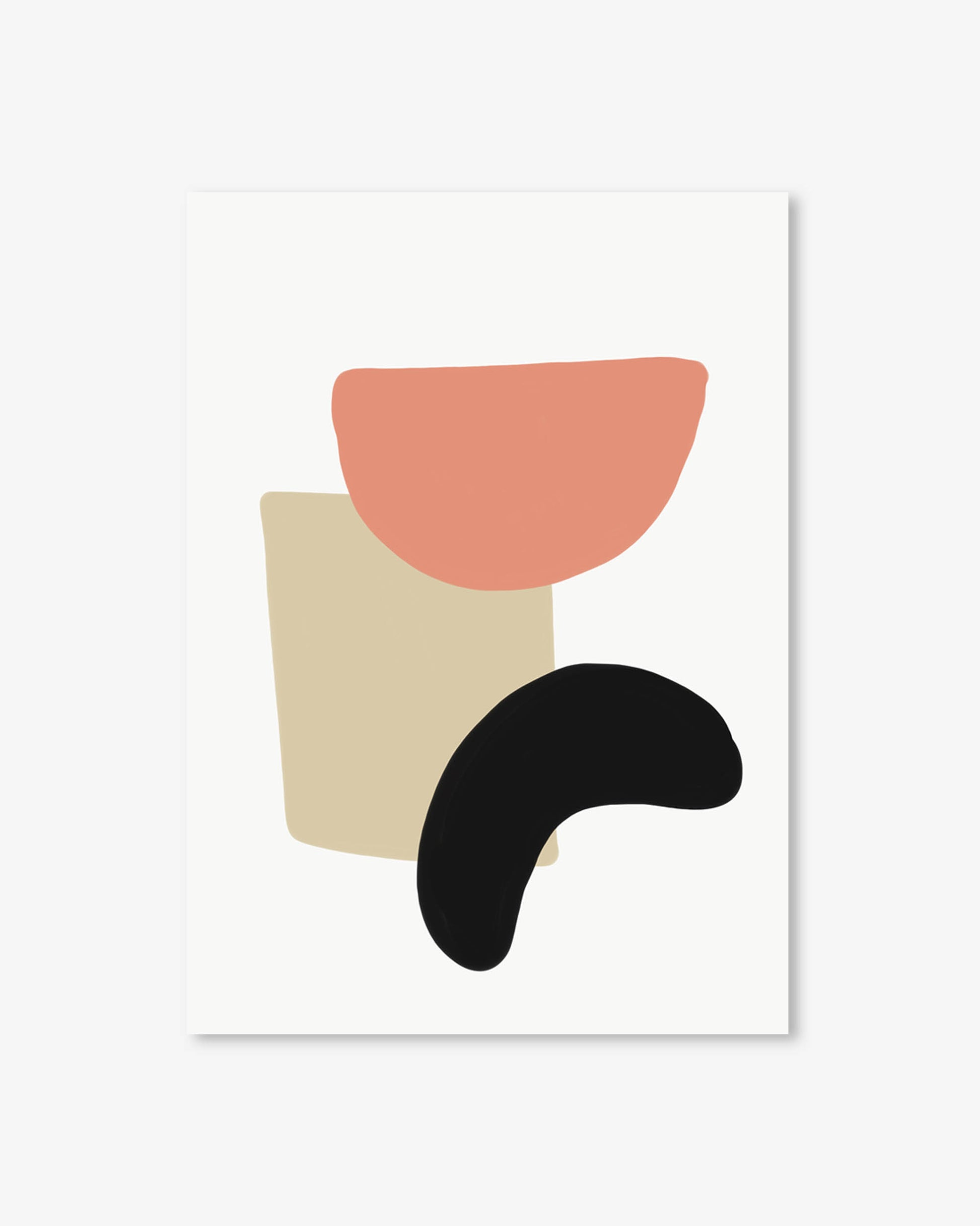 Abstract art print with geometric shapes in red, beige, and black on a white background