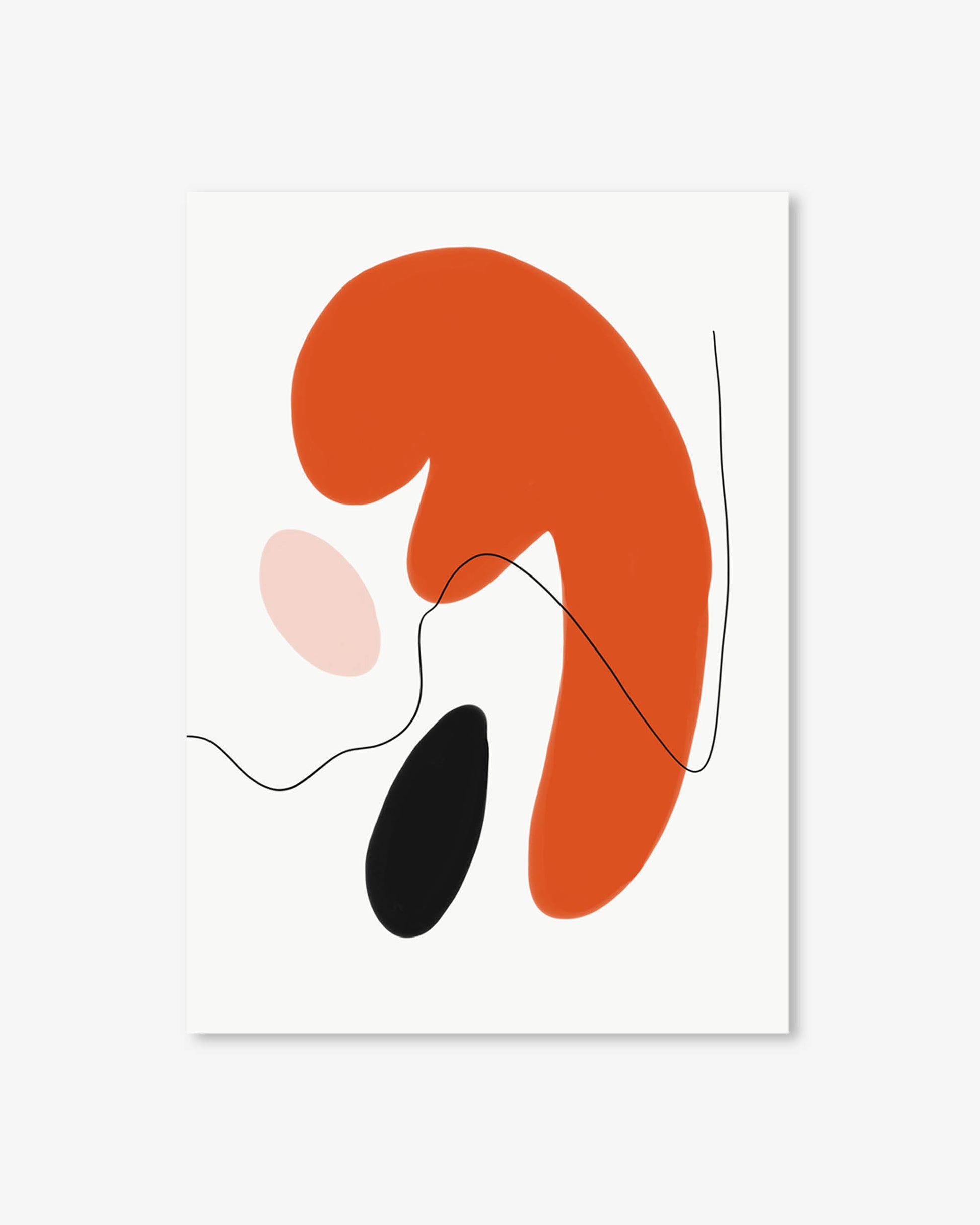 Abstract art print with orange, pink, and black shapes on a white background