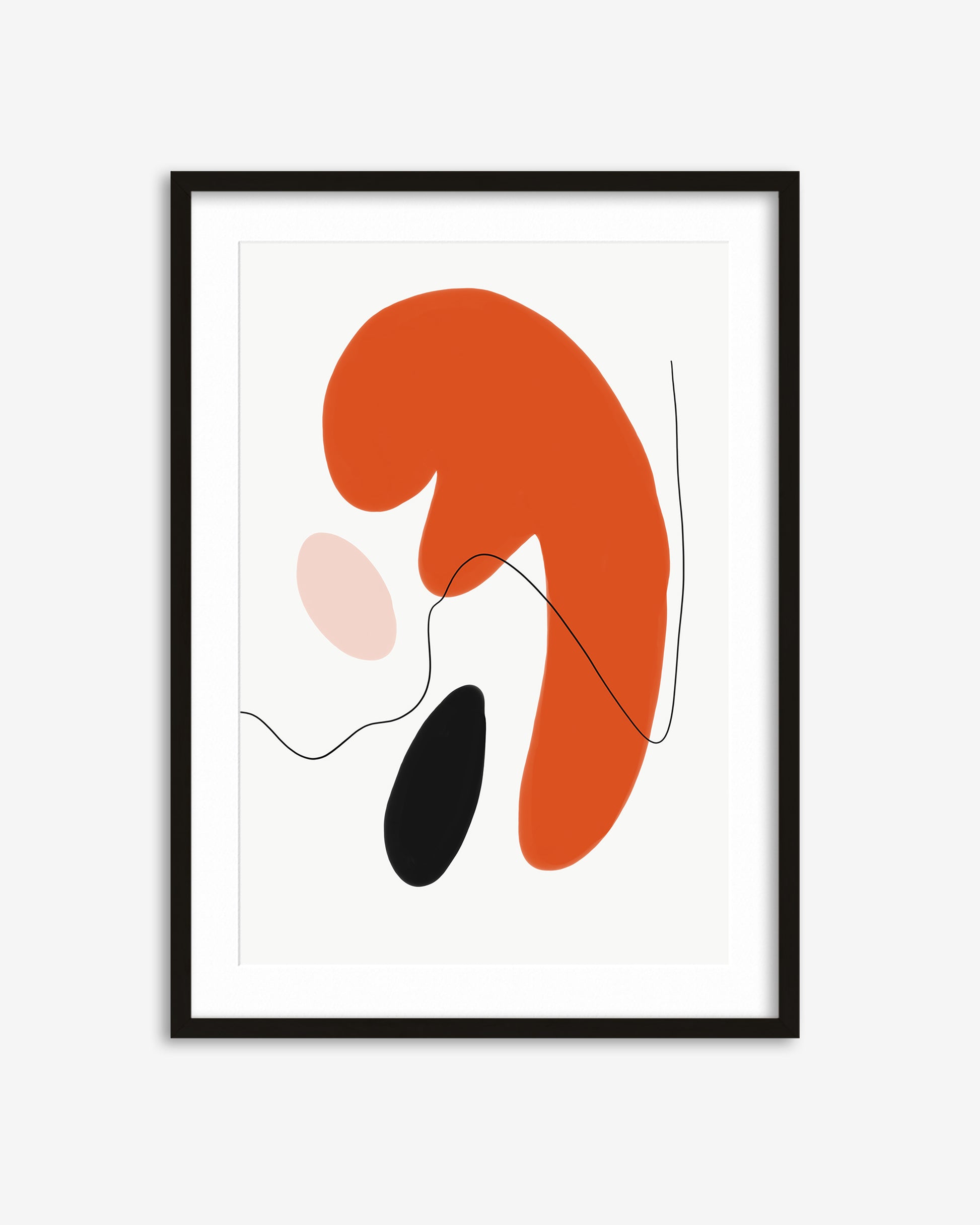 Framed abstract art print with orange, pink, and black shapes on a white background