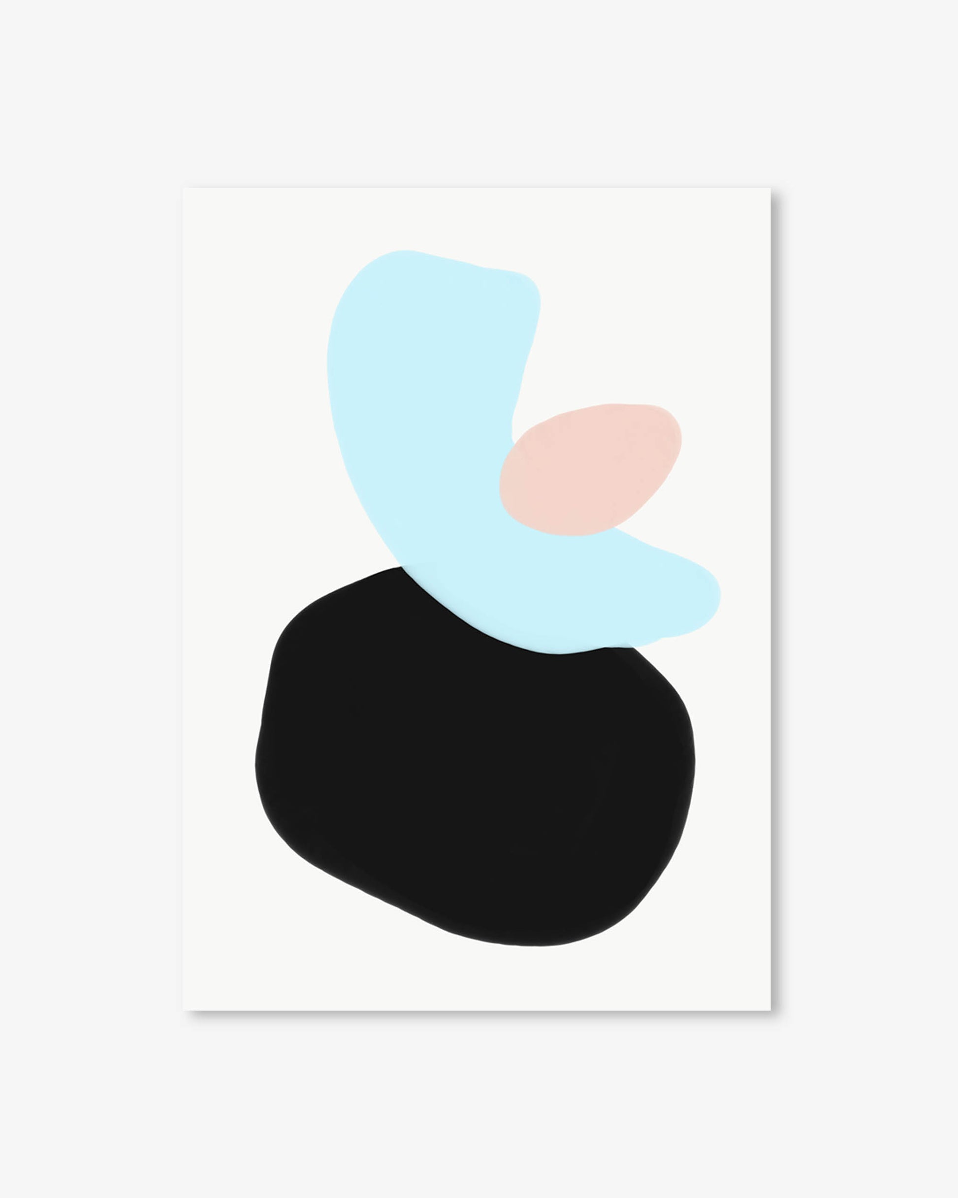 Abstract art print with black, blue, and pink shapes on a white background