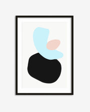 Framed abstract art print with black, blue, and pink shapes on a white background