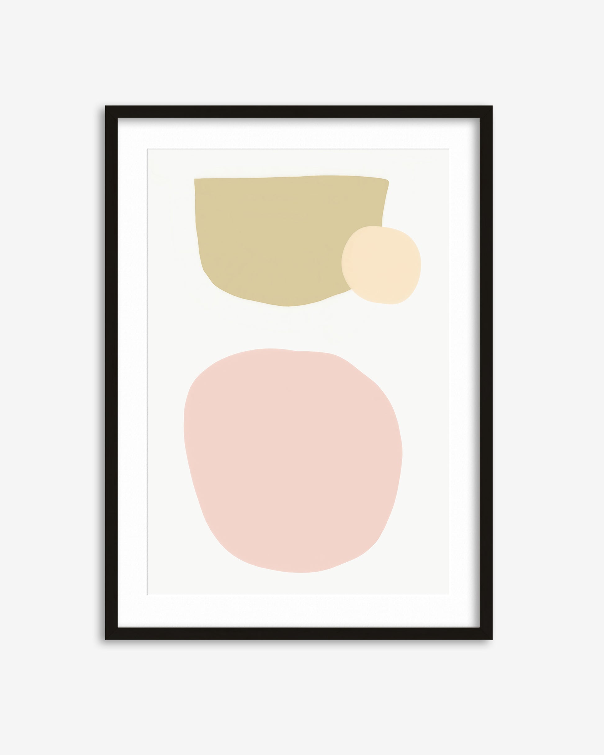 Framed abstract art print with geometric shapes on a white background