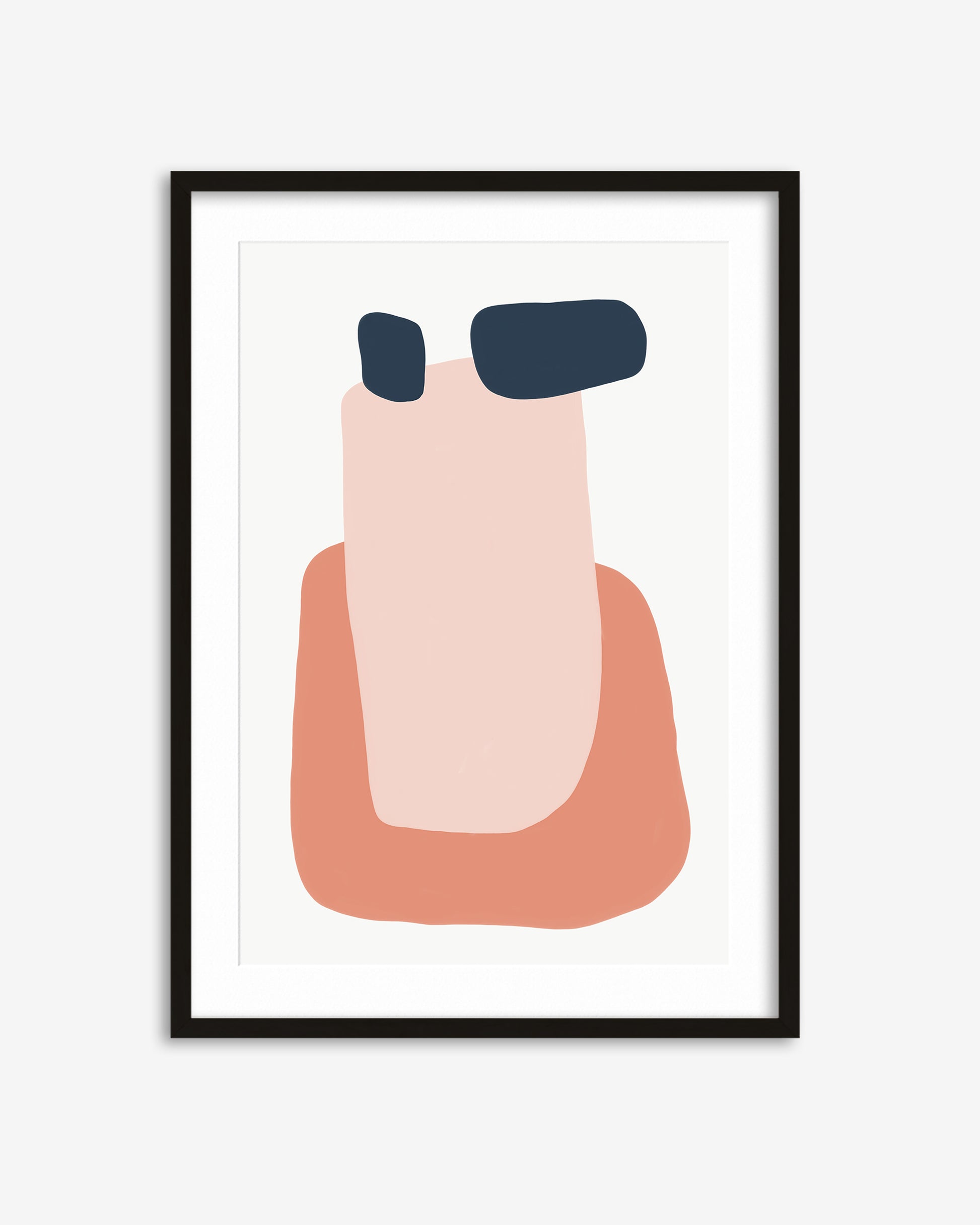 Framed abstract art print with pink and blue shapes on a white background