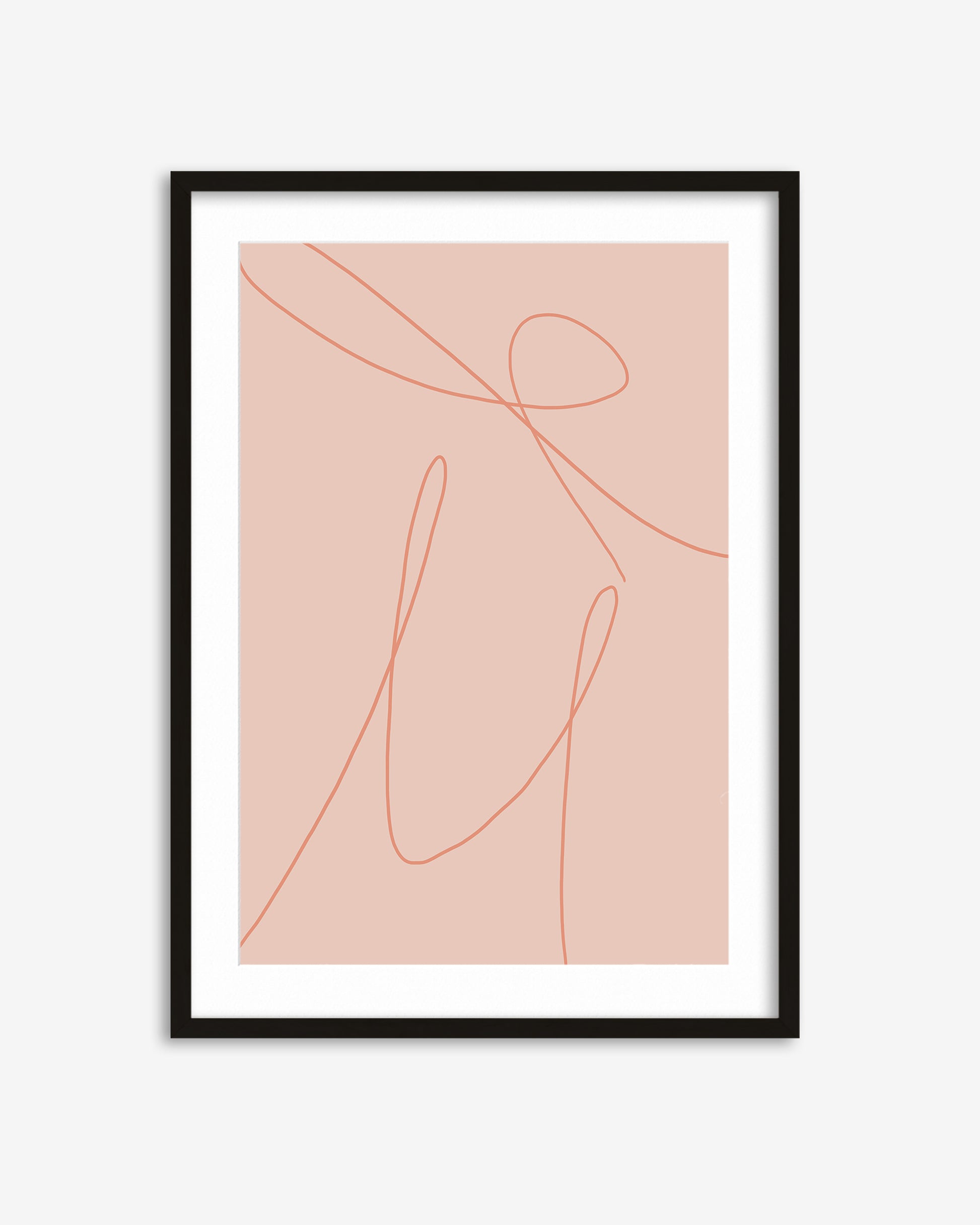 Framed abstract art print with pink line design on a light pink background