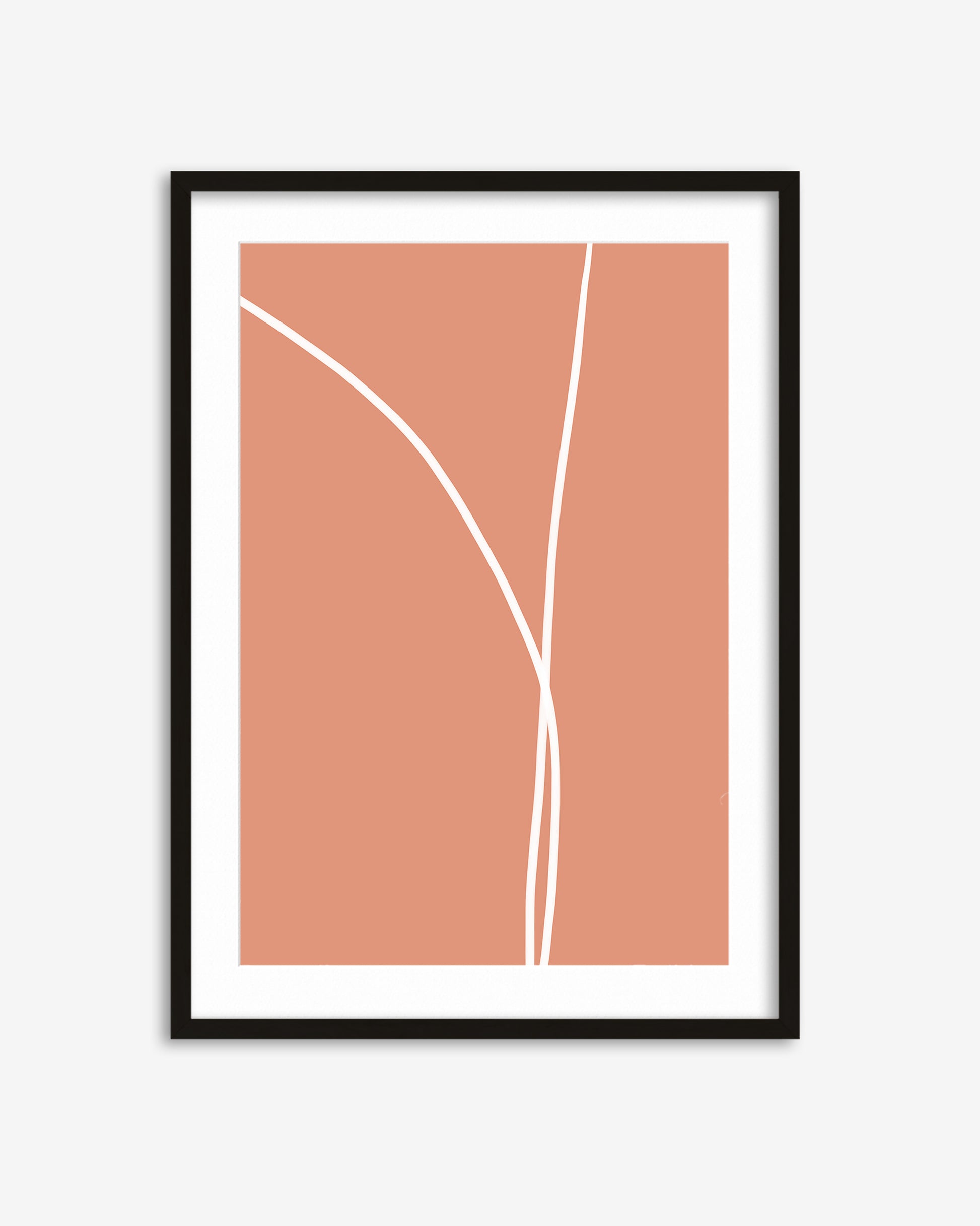 Framed abstract art print with a white line on a terracotta background