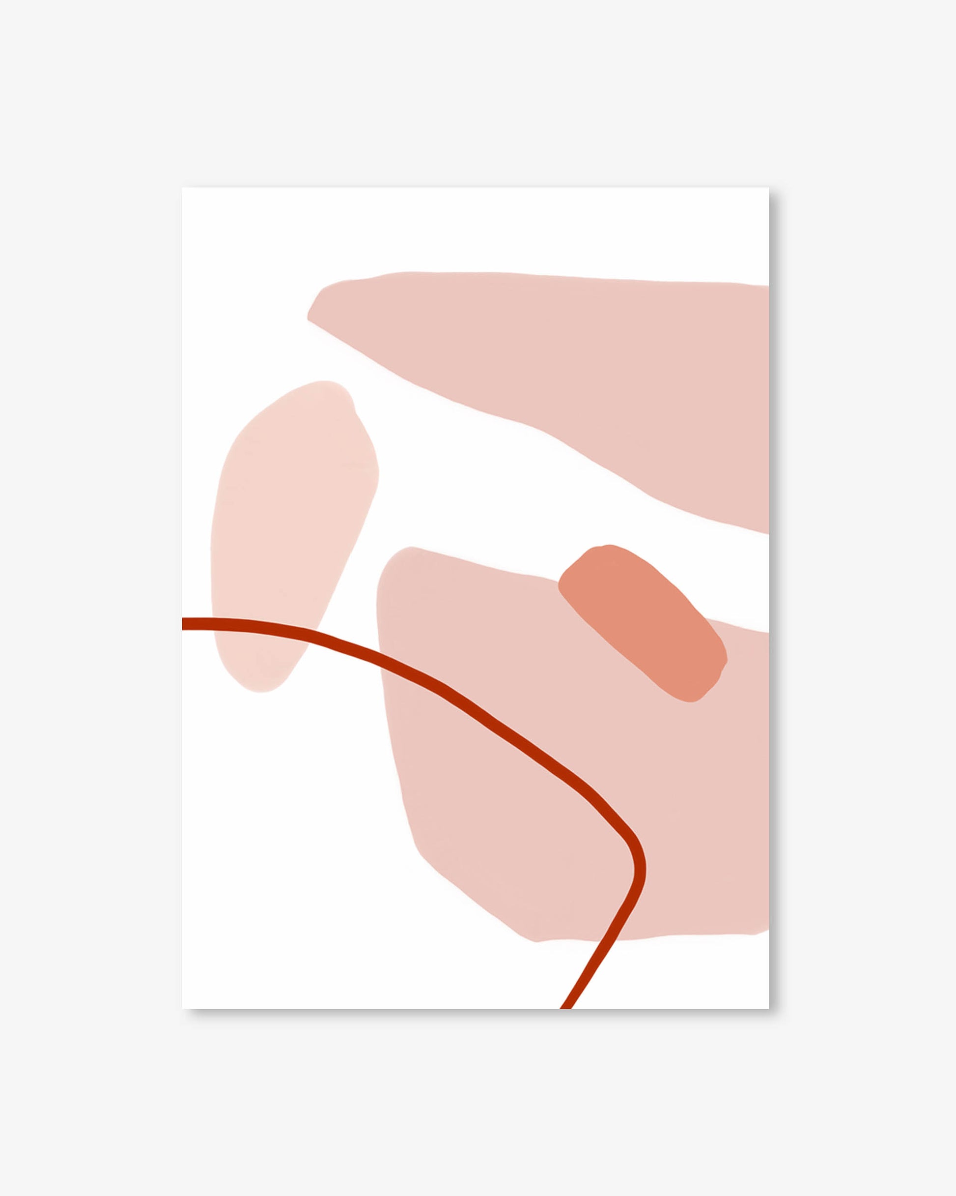 Abstract art print with pink and red shapes on a white background