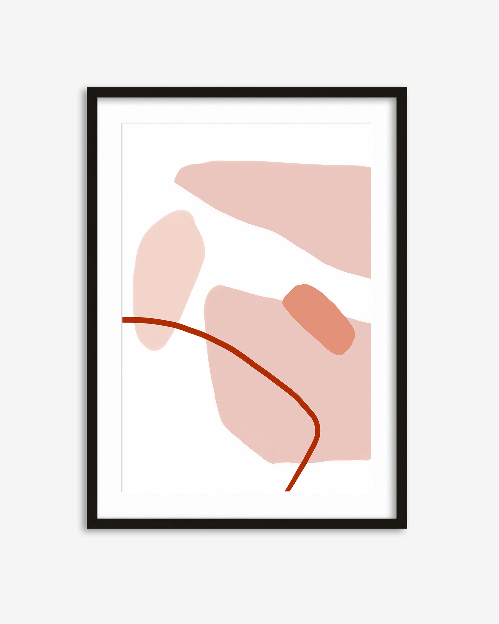 Framed abstract art print with pink and orange shapes on a white background