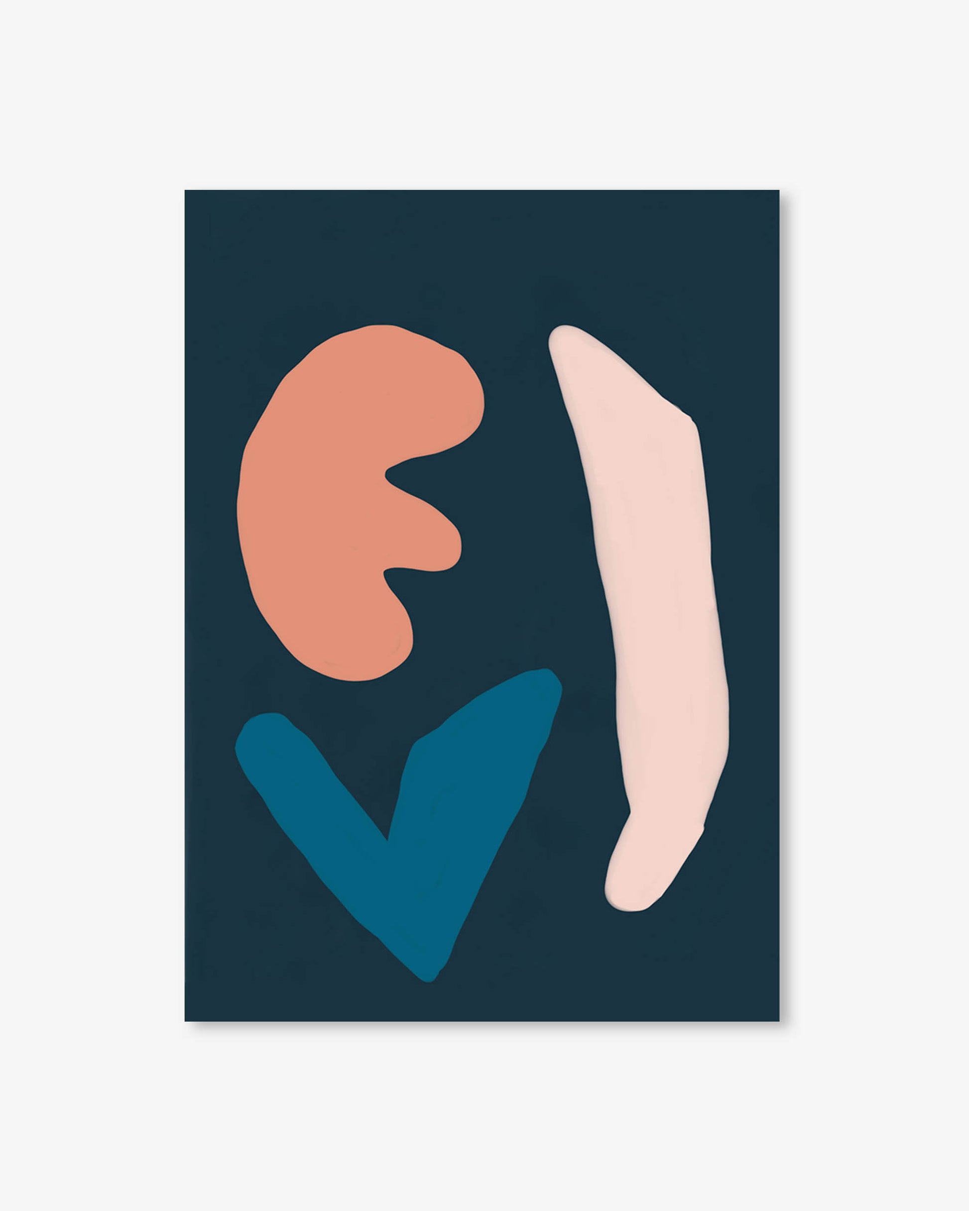 Abstract art print with geometric shapes on a dark blue background