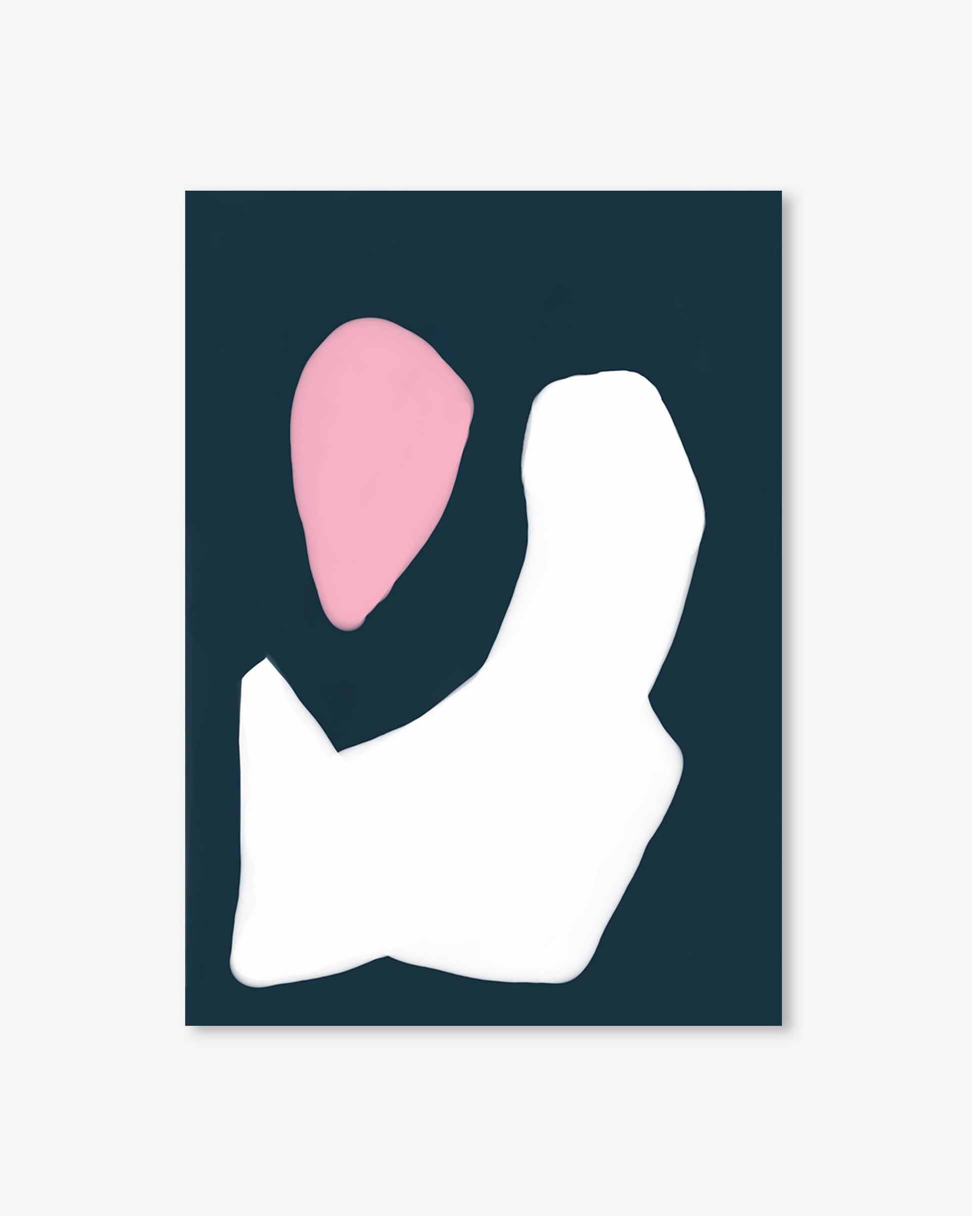 Abstract art print with a pink and white shape on a dark blue background
