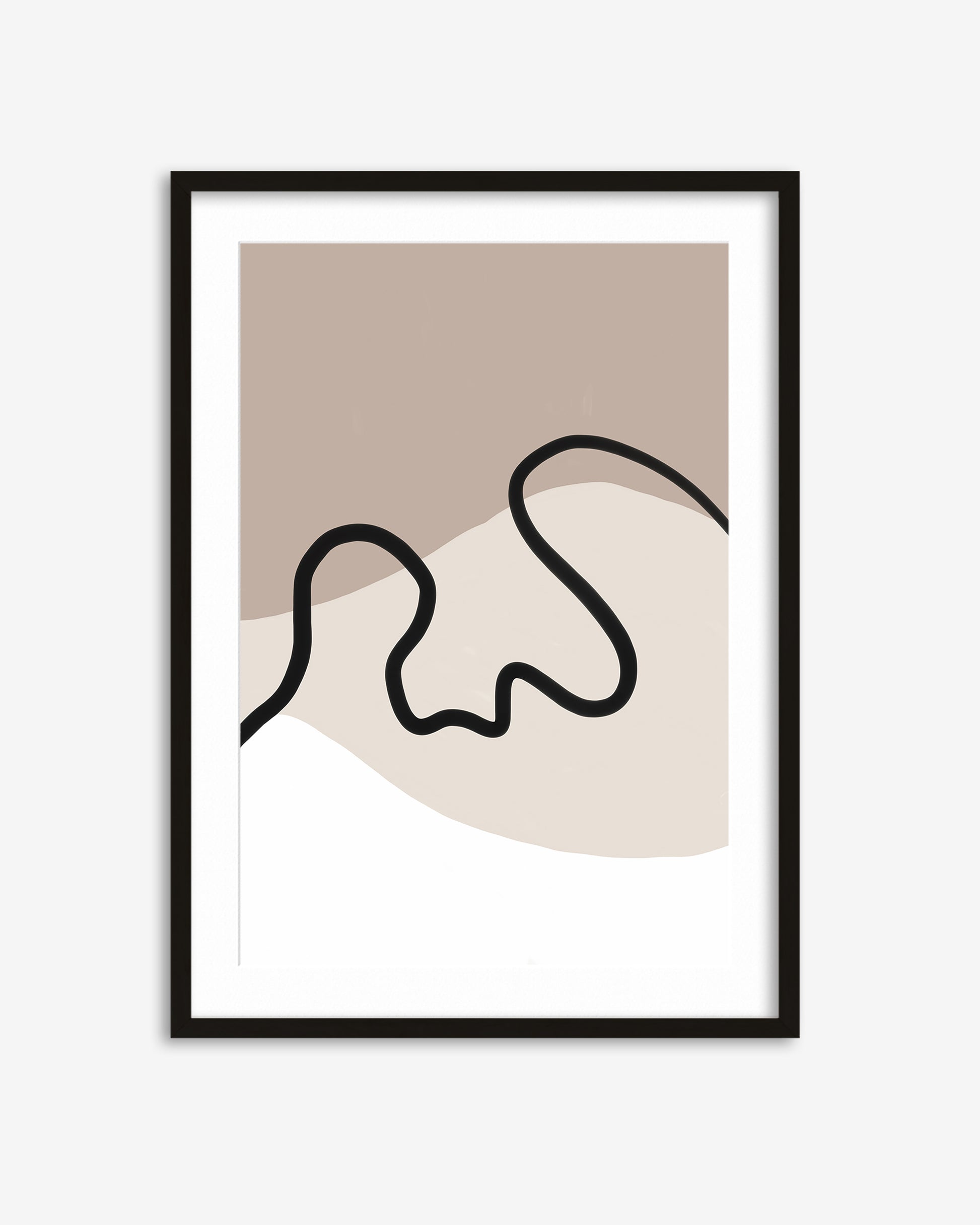 Framed abstract art print with a black line design on a beige background