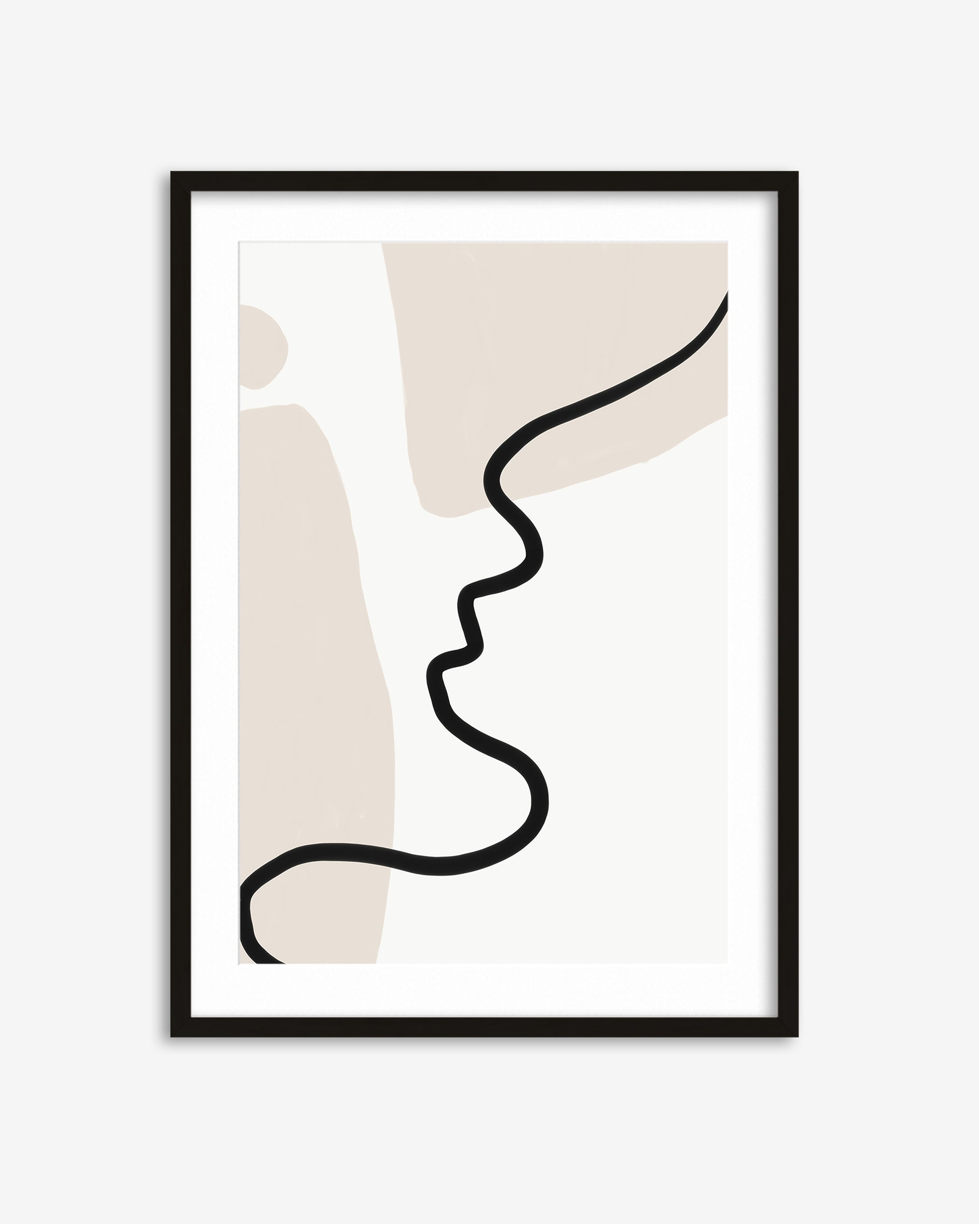 Framed abstract art print with black line on a beige background