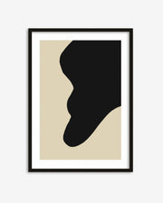 Framed abstract art print with a black shape on a beige background