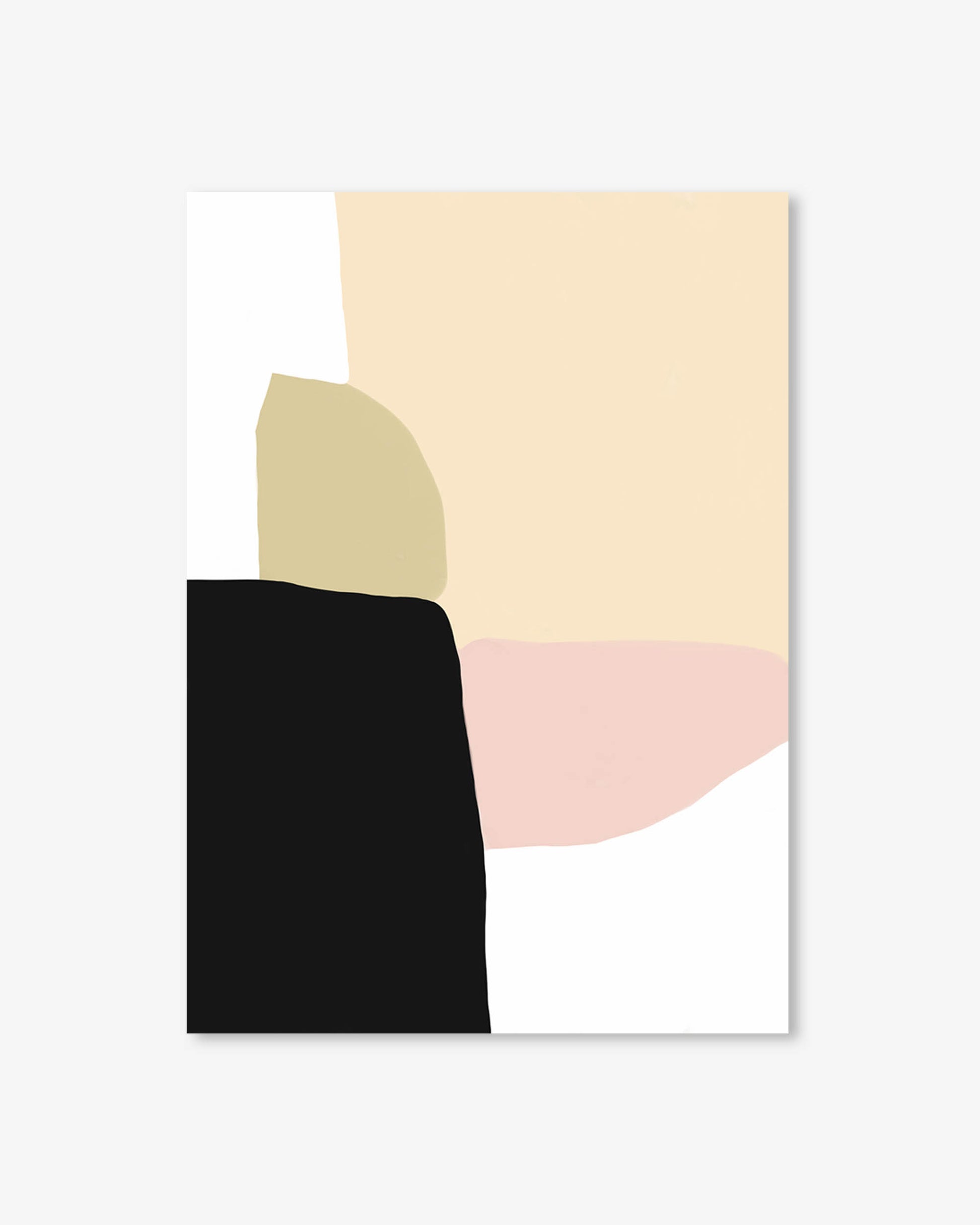 Abstract art print with geometric shapes in black, beige, and pink on a white background