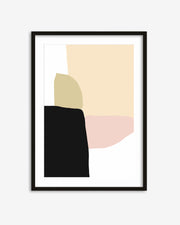 Framed abstract art print with geometric shapes in black, beige, and pink on a white background