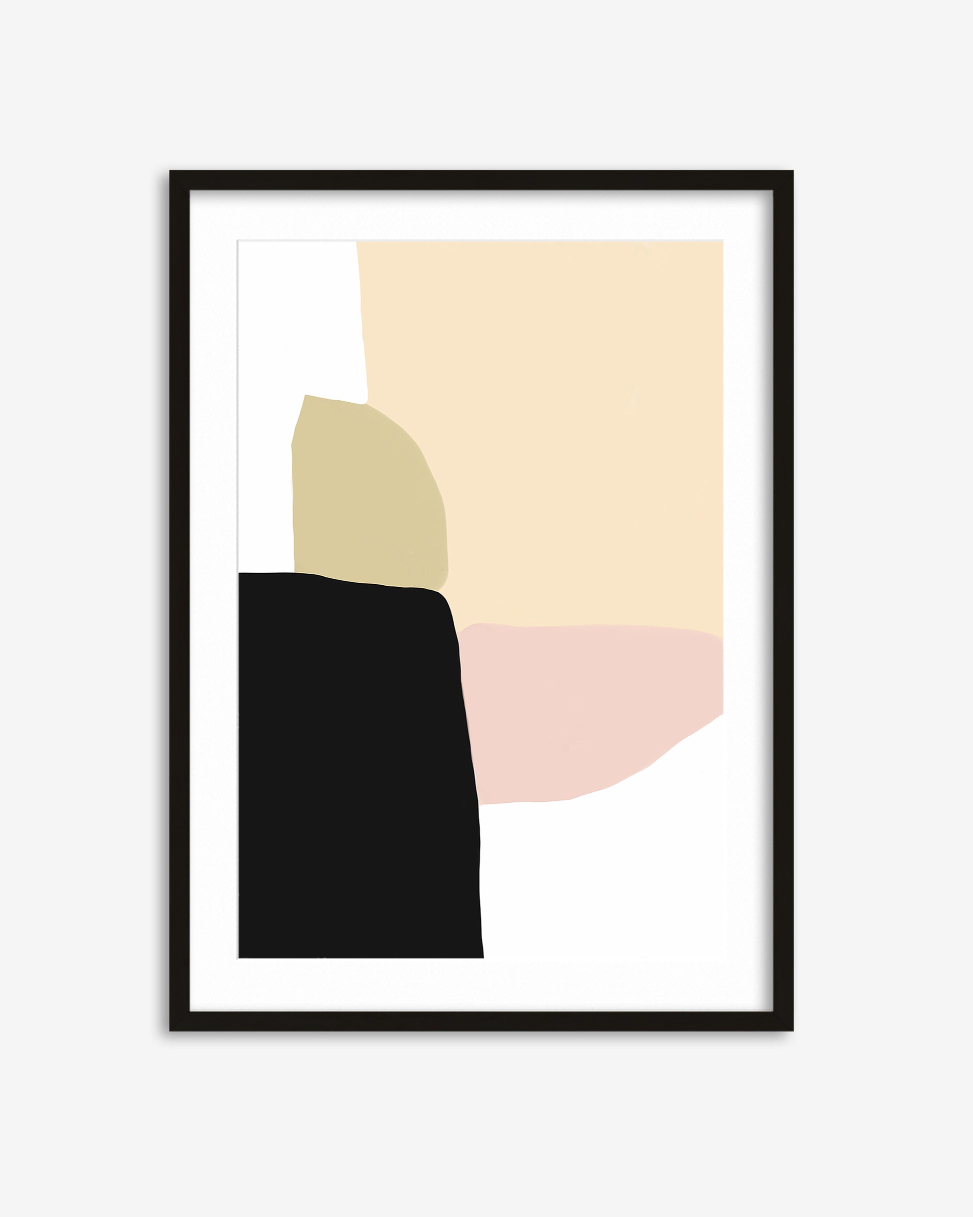 Framed abstract art print with geometric shapes in black, beige, and pink on a white background