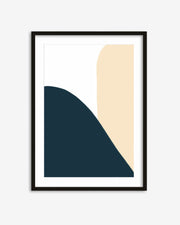 Framed abstract art print with blue and beige shapes on a white background