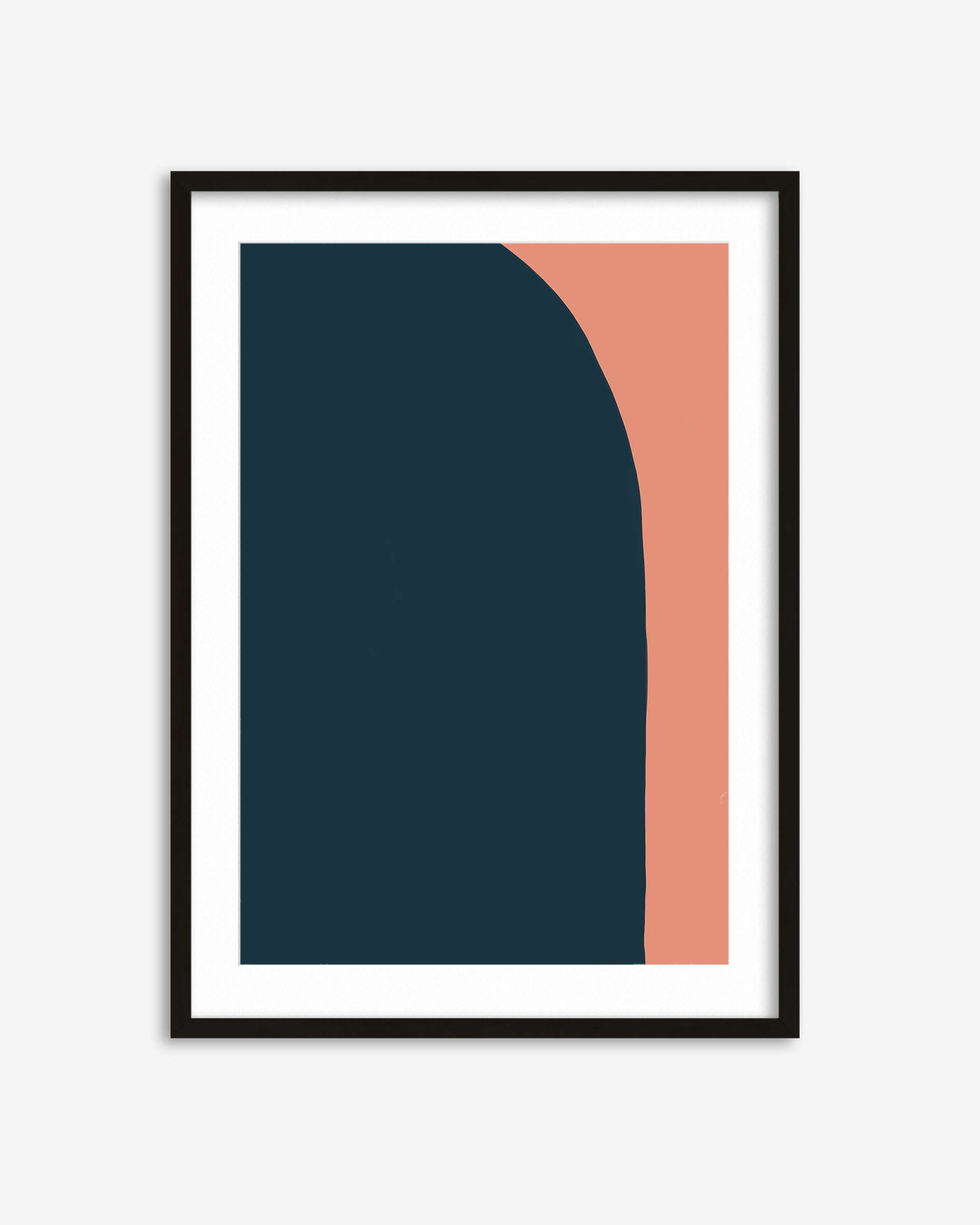 Framed abstract art print with a blue and pink design on a white background