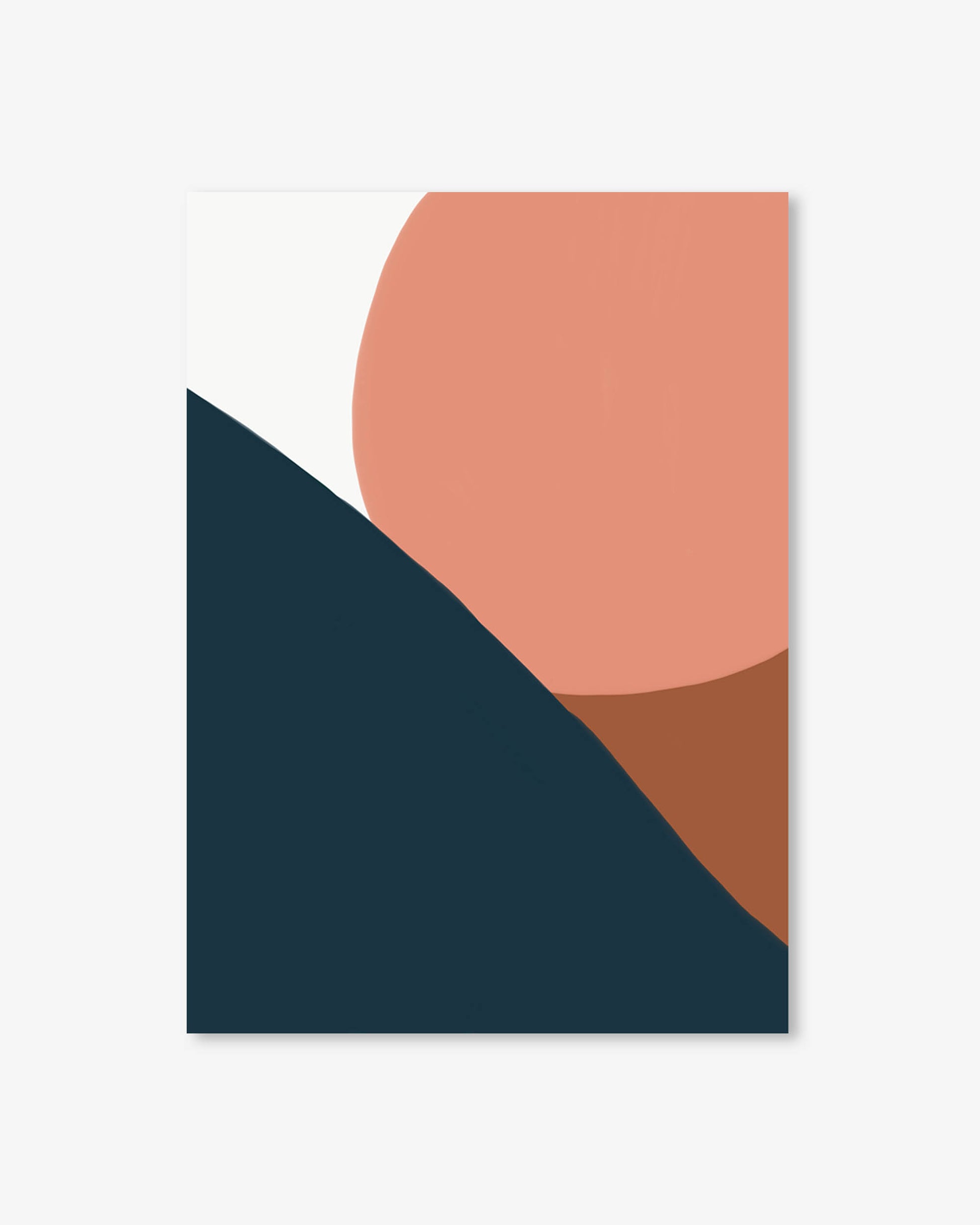 Abstract art print with geometric shapes in blue, pink, and brown on a white background