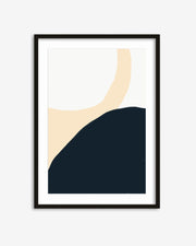 Framed abstract art print with a beige and navy design on a white background