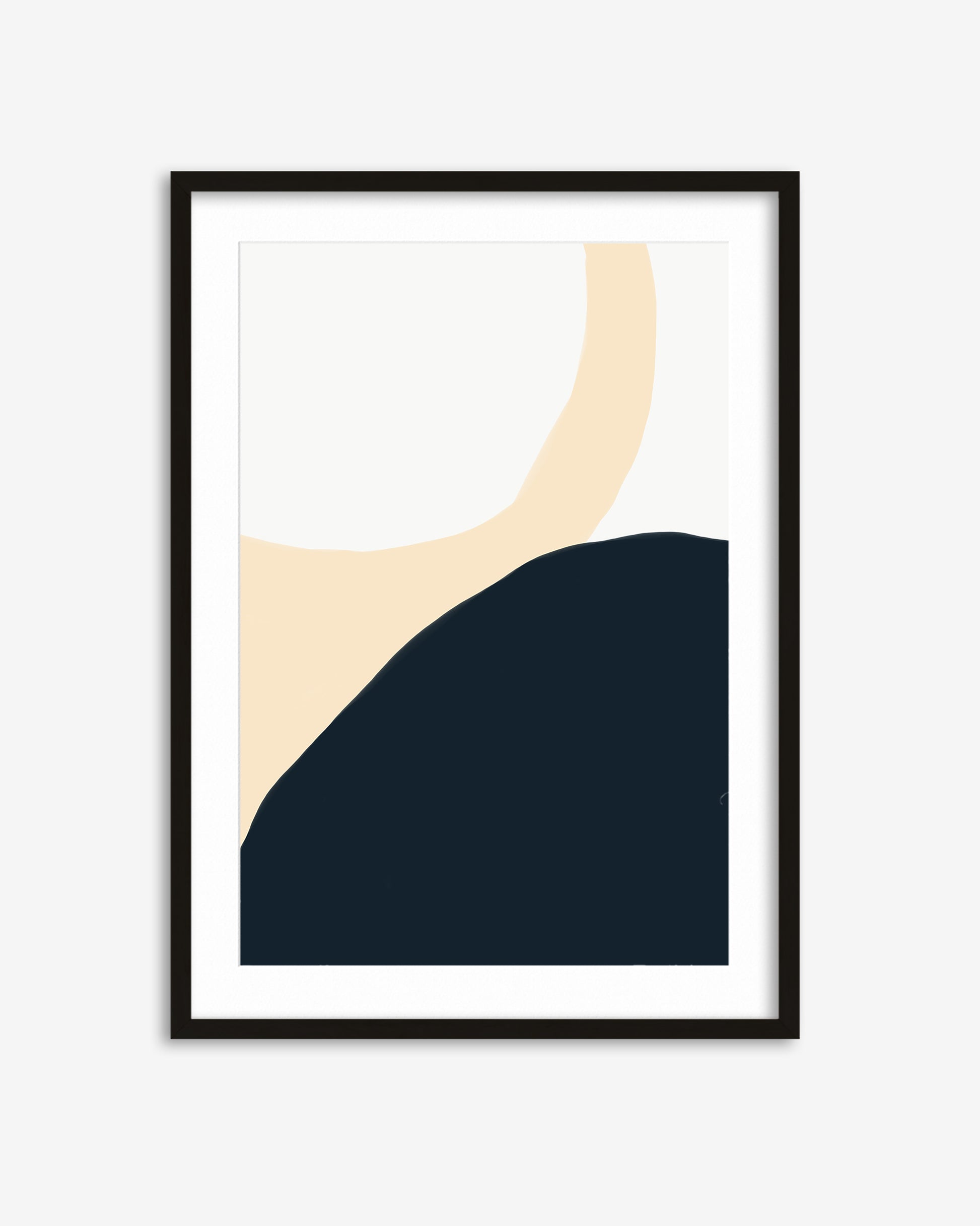 Framed abstract art print with a beige and navy design on a white background