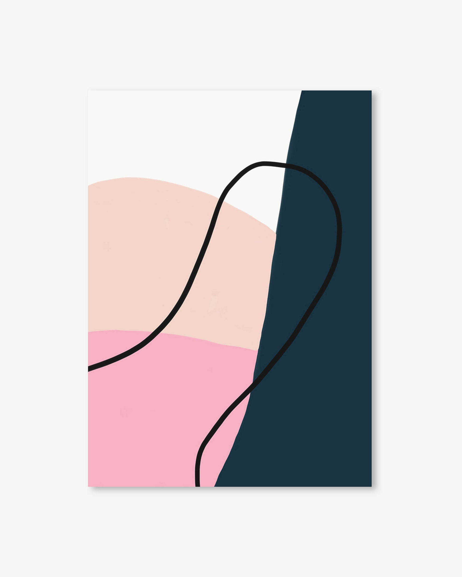 Abstract art print with pink, beige, and navy shapes on a light gray background