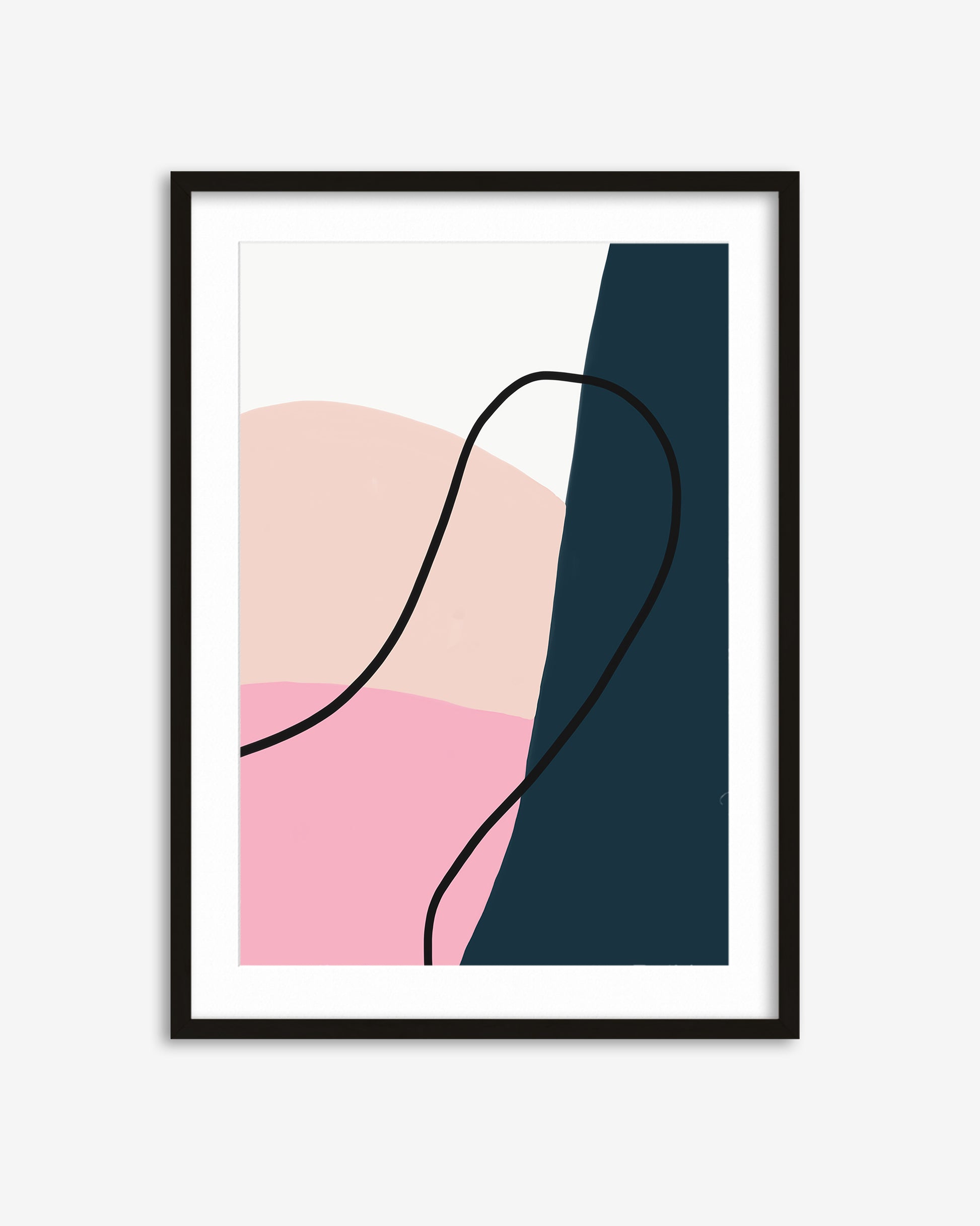 Framed abstract art print with pink, beige, and navy shapes on a white background