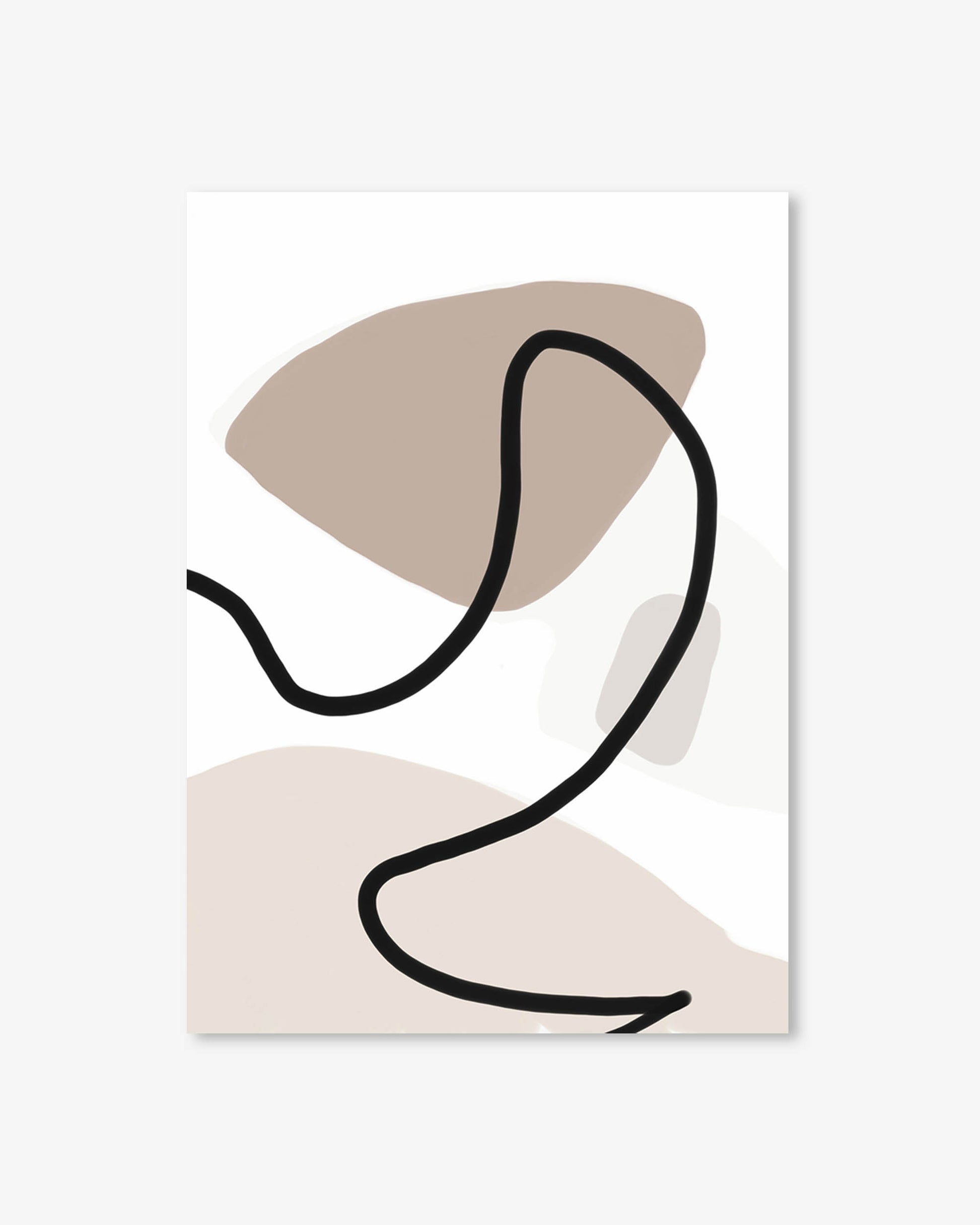 Abstract art print with black line and beige shapes on a white background