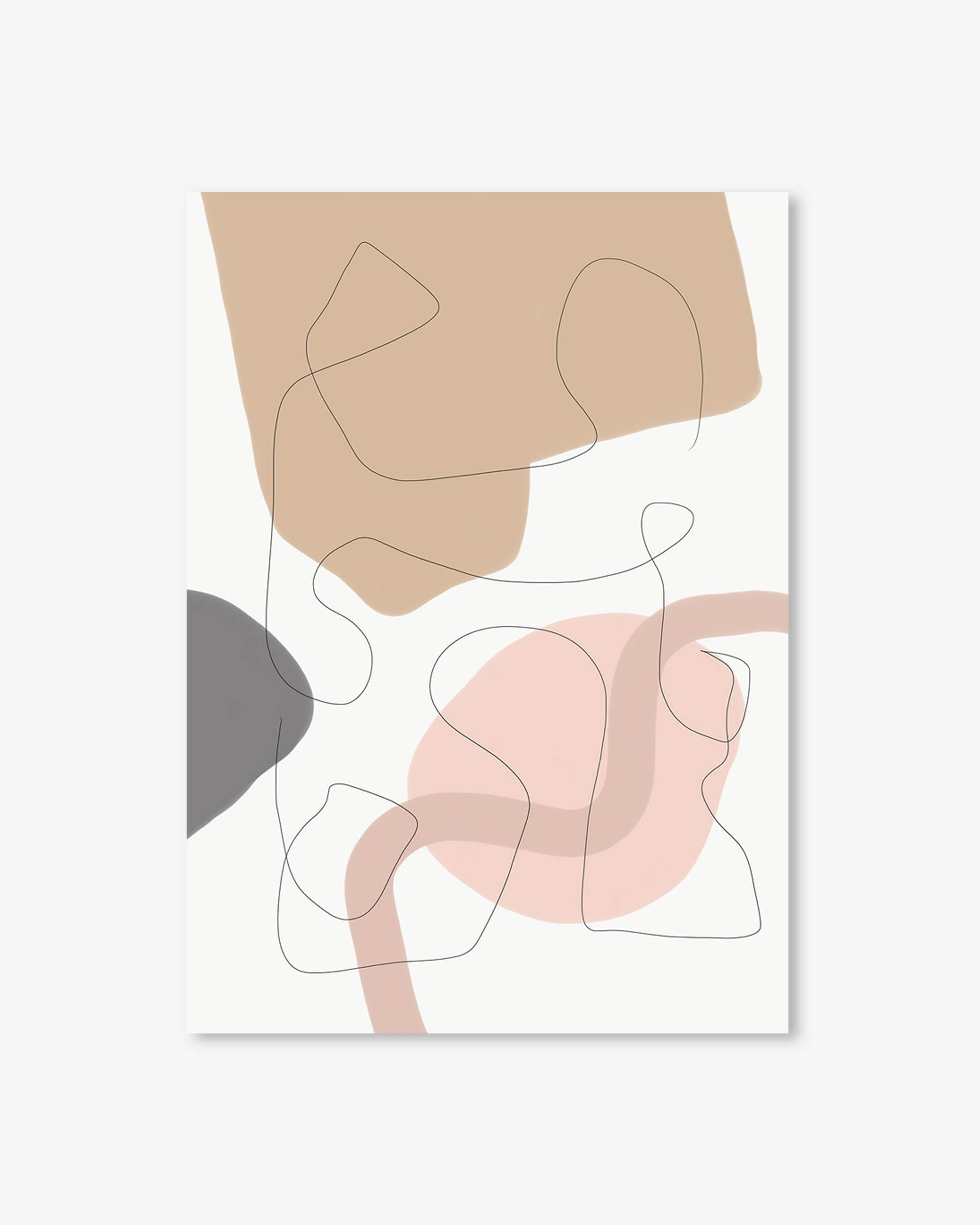 Abstract art print with geometric shapes in beige, pink, and gray on a white background