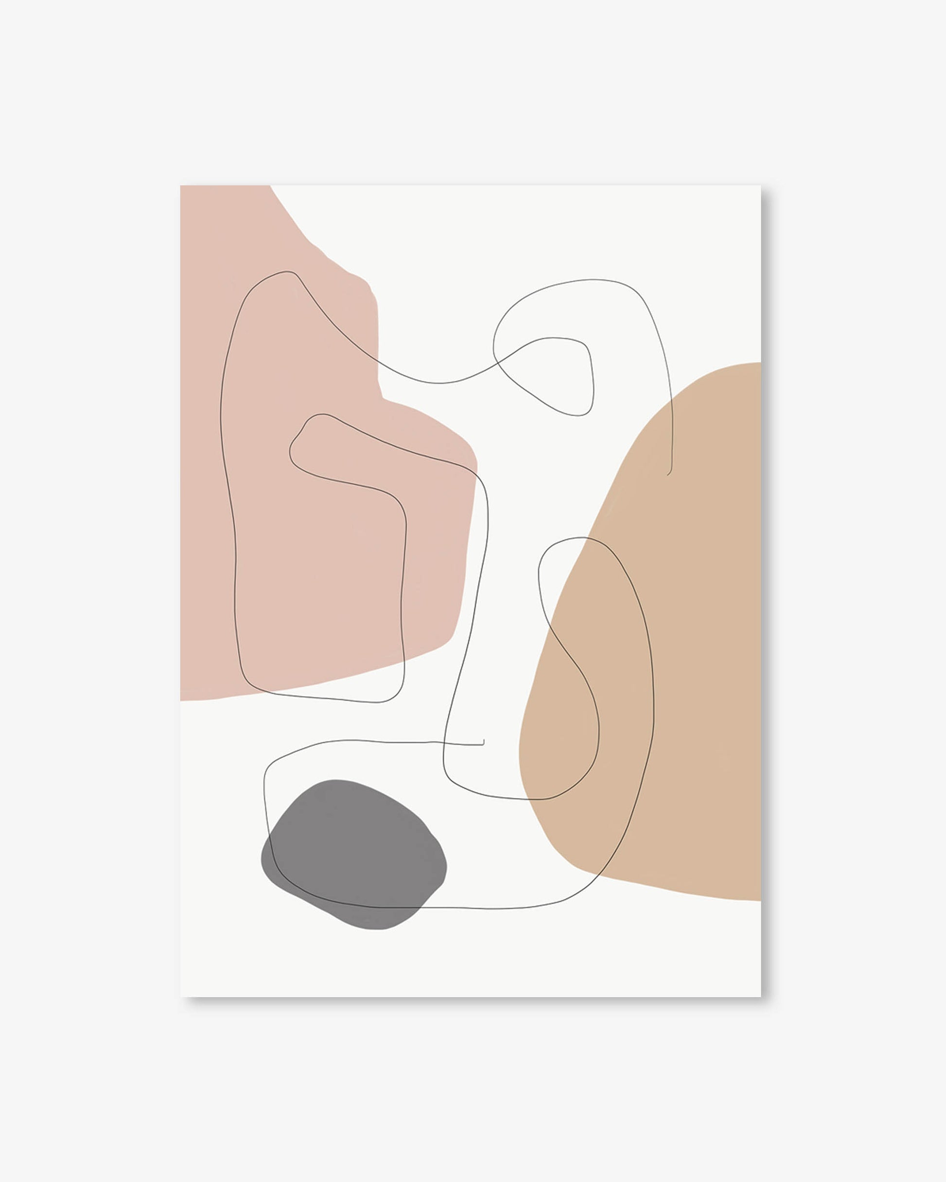 Abstract art print with geometric shapes in pink, beige, and gray on a white background