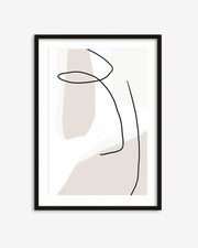 Abstract art print with black line drawing on a beige background in a black frame.